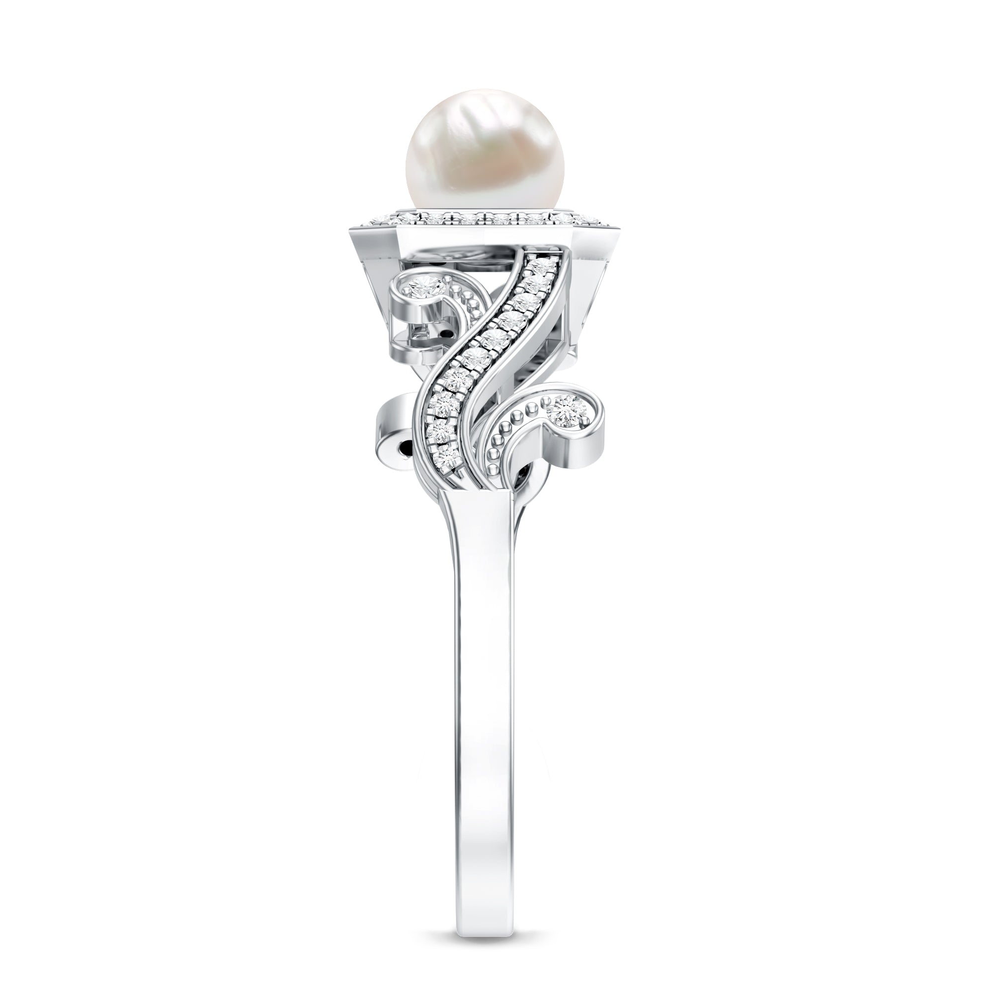 Rosec Jewels-Vintage Inspired 2 Carat Pearl Engagement Ring with Diamond Halo