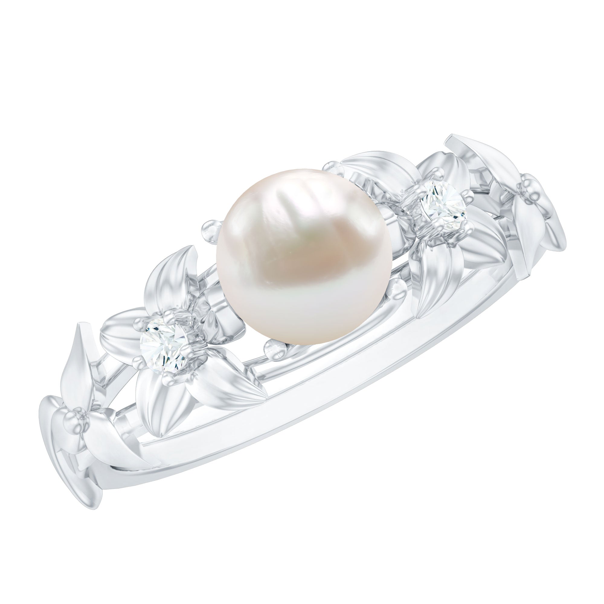 2.25 CT Freshwater Pearl Flower Band Ring with Diamond