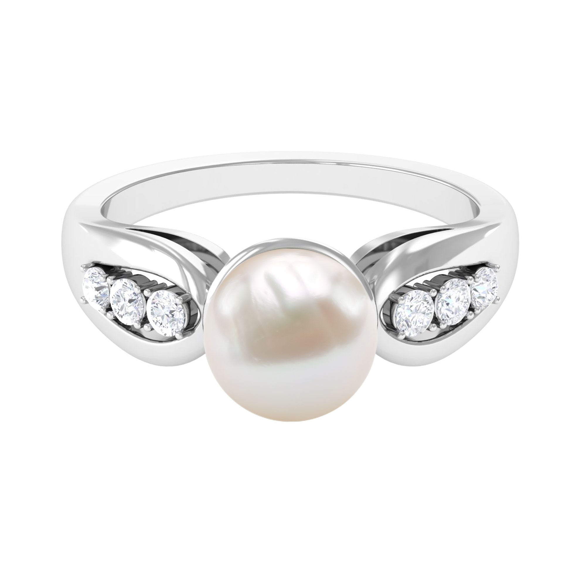 Bead Set Freshwater Pearl Solitaire Ring with Diamond Side Stones