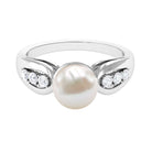 Bead Set Freshwater Pearl Solitaire Ring with Diamond Side Stones AAA - Rosec Jewels