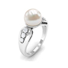 Bead Set Freshwater Pearl Solitaire Ring with Diamond Side Stones AAA - Rosec Jewels