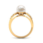Bead Set Freshwater Pearl Solitaire Ring with Diamond Side Stones AAA - Rosec Jewels