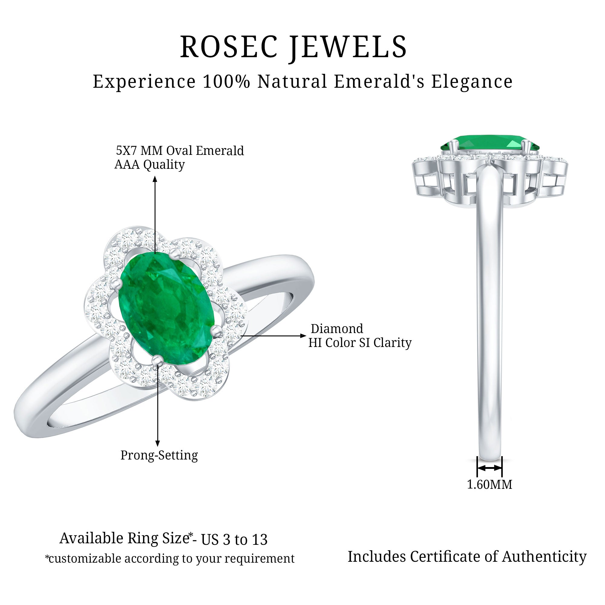Natural 5X7mm Oval Emerald Engagement Ring with Diamond AAA - Rosec Jewels
