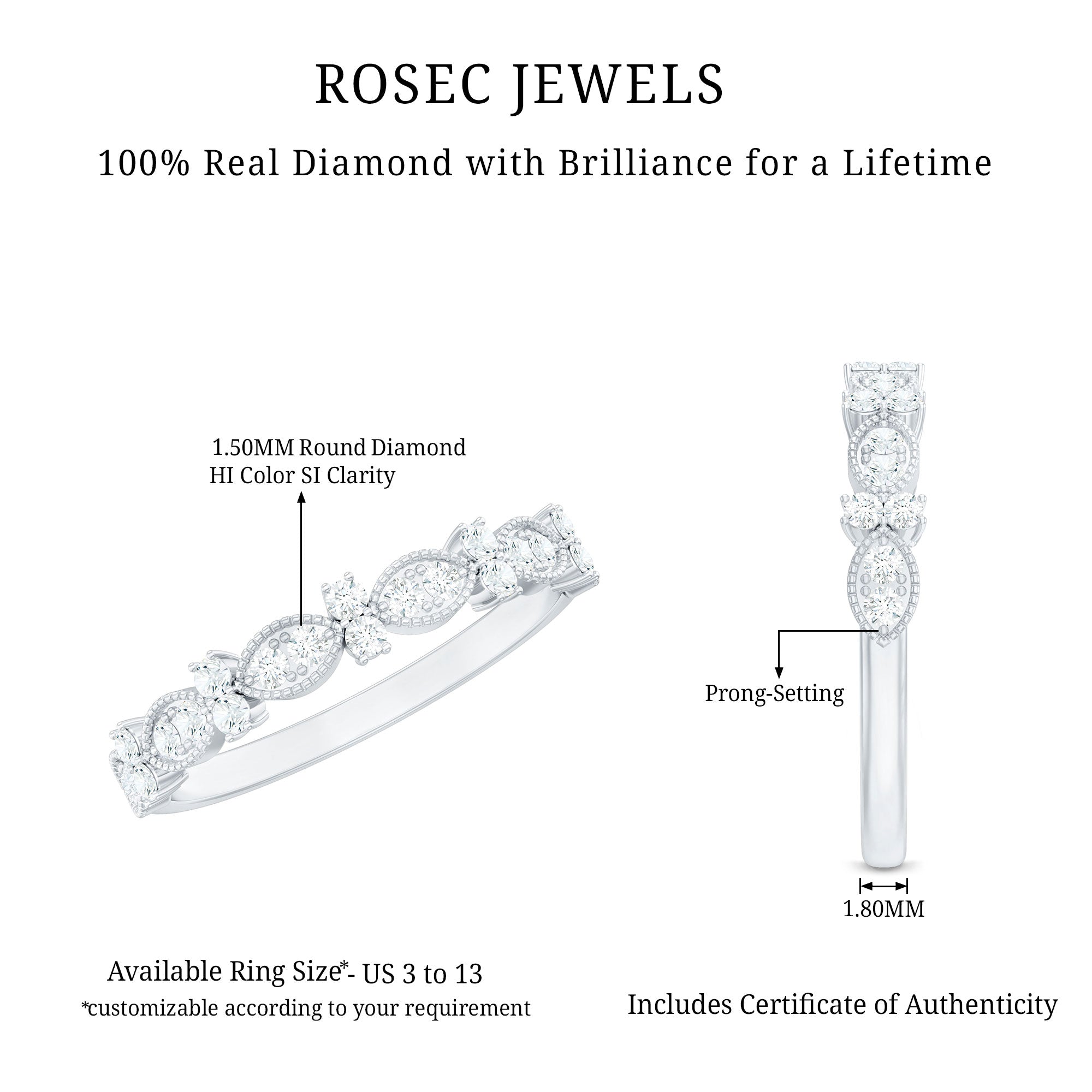 Rosec Jewels-Designer Diamond Half Eternity Ring for Valentines