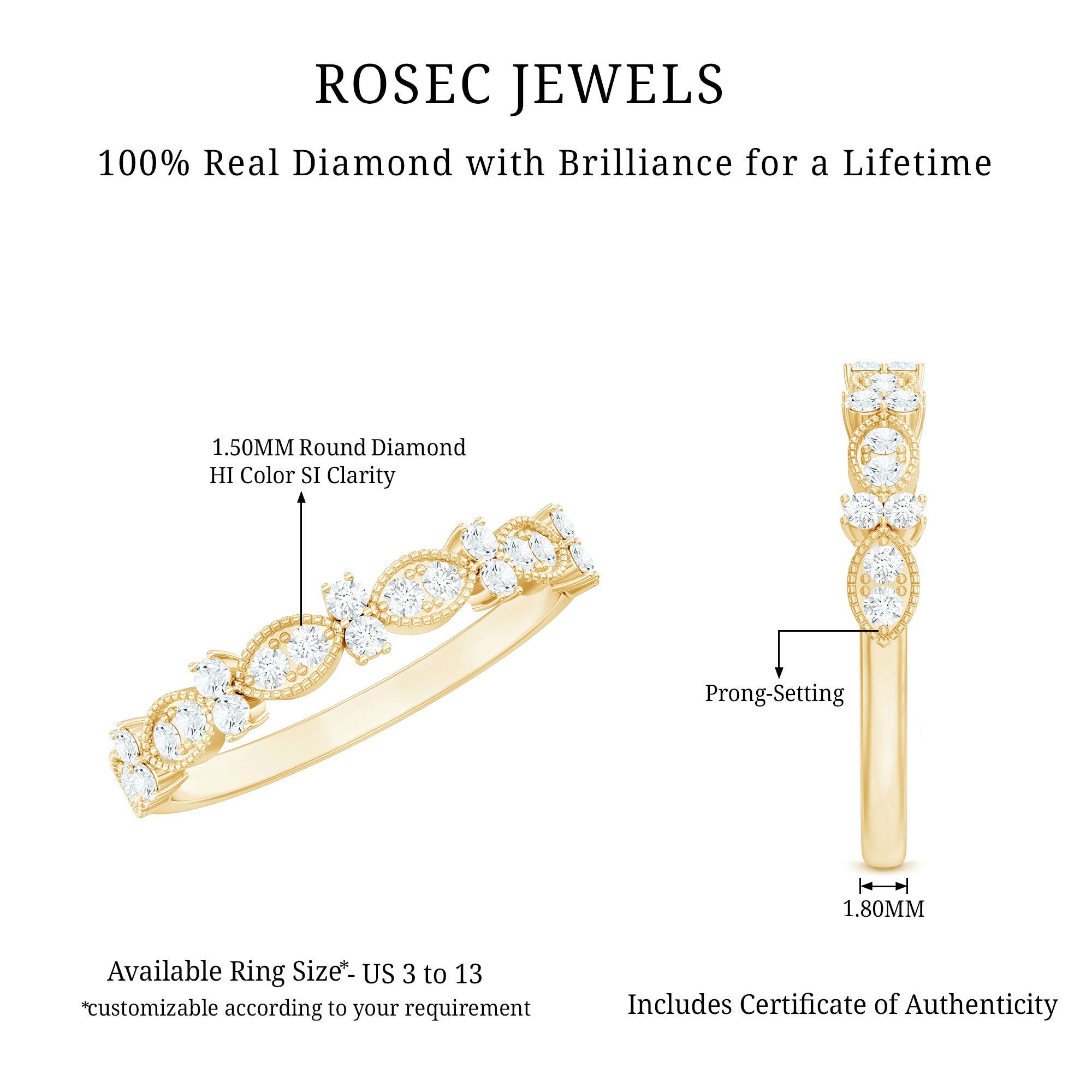 Rosec Jewels-Designer Diamond Half Eternity Ring for Valentines