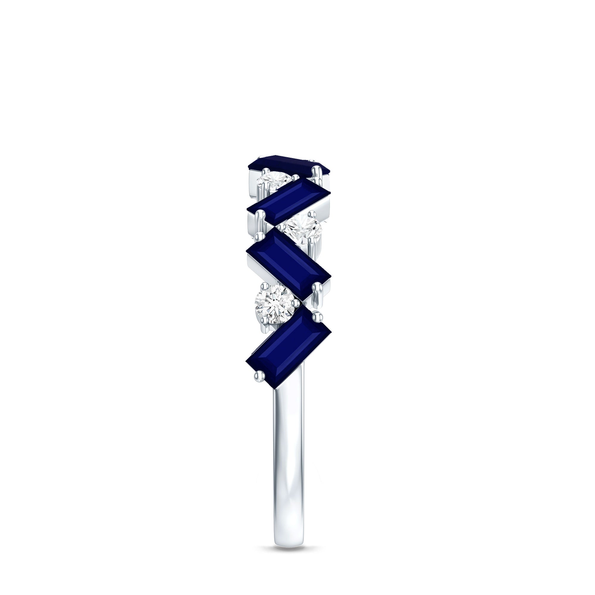 Certified Real Baguette Blue Sapphire Half Eternity Ring with Diamond AAA - Rosec Jewels