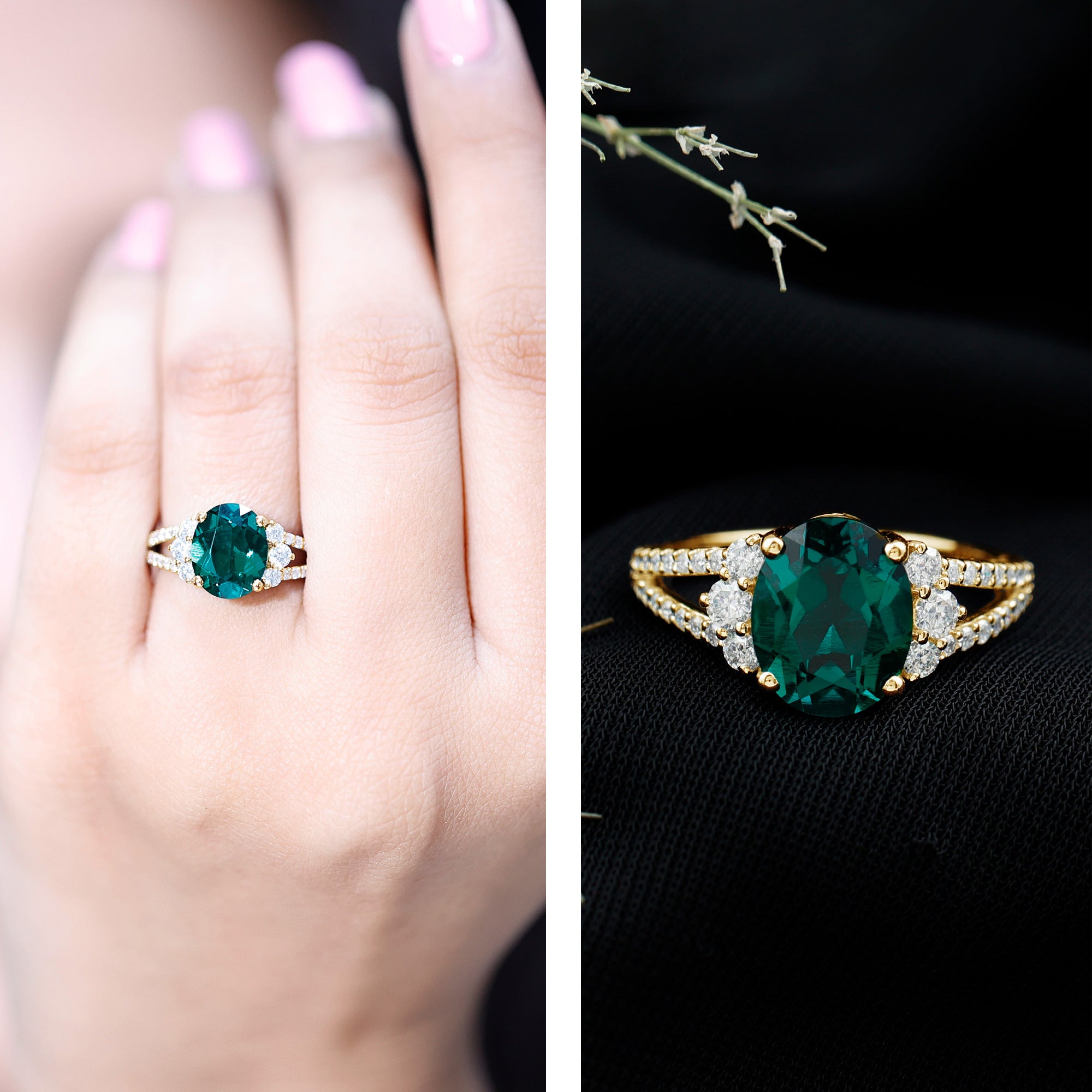 Certified 3 Carat Oval Lab Grown Emerald Split Shank Engagement Ring AAAA - Rosec Jewels