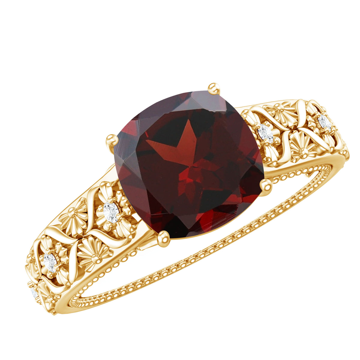 Nature Inspired 3.2 Carat Garnet Cushion Cut Engagement Ring with Diamond AAA - Rosec Jewels