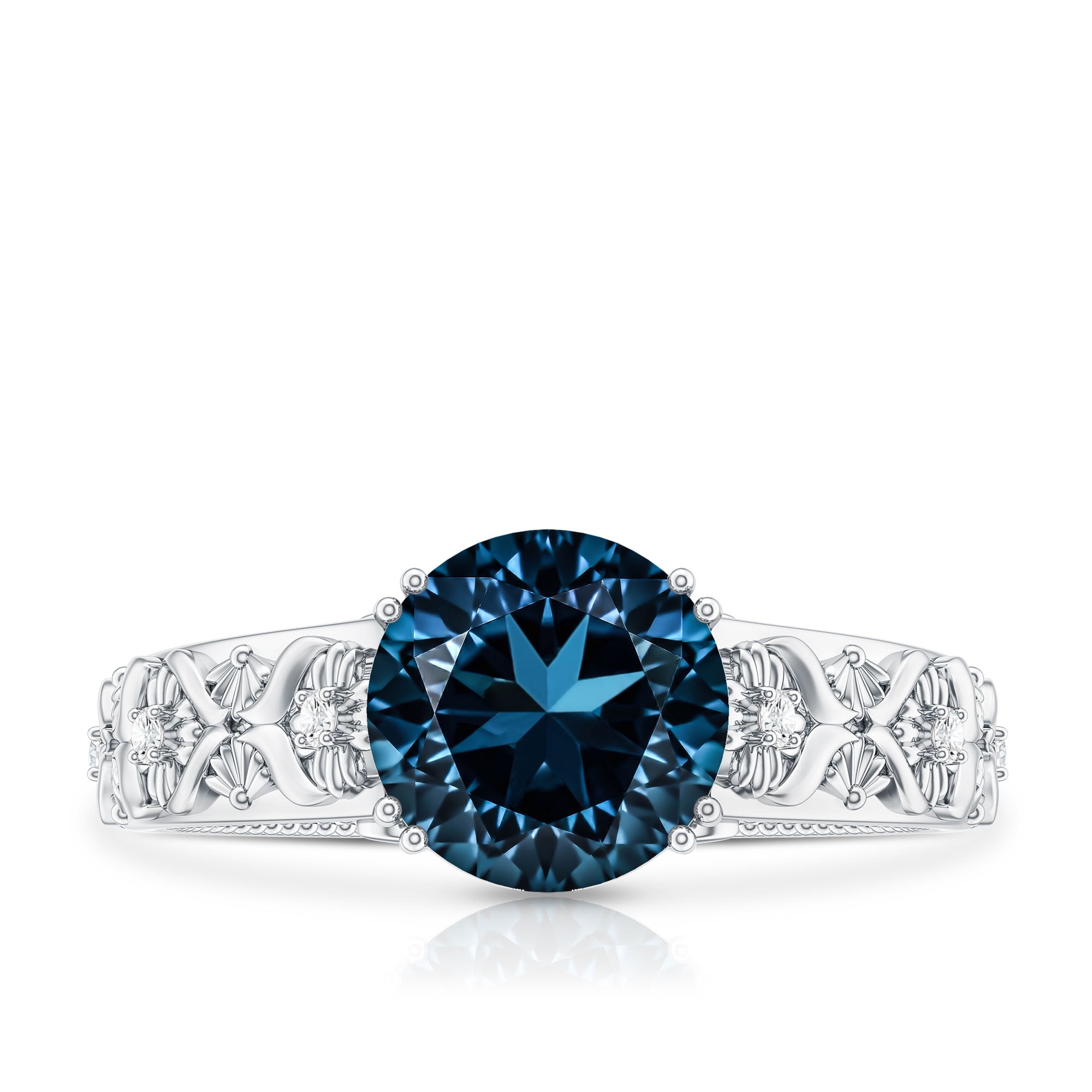 2 Carat Round London Blue Topaz Vintage Engagement Ring with Certificate AAA - Rosec Jewels