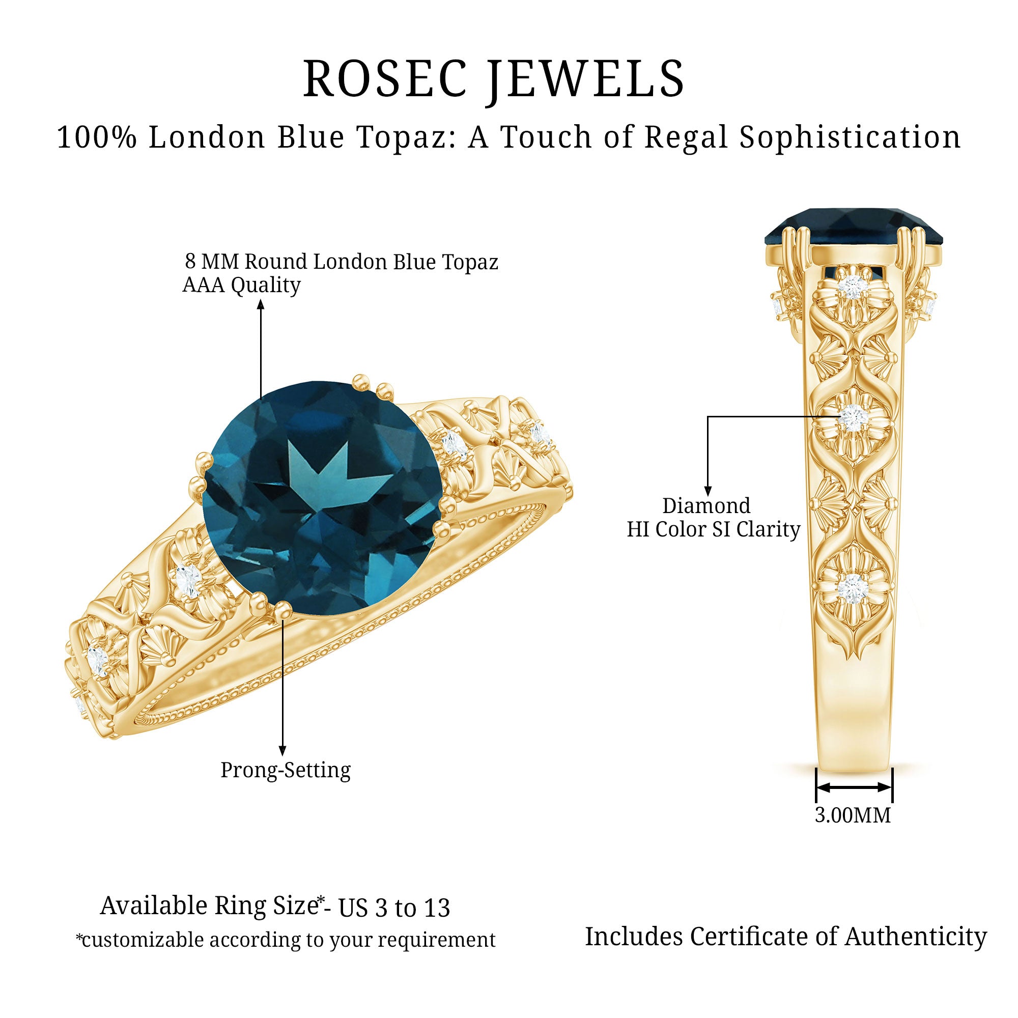 8mm Round London Blue Topaz Vintage Engagement Ring with Certificate AAA - Rosec Jewels