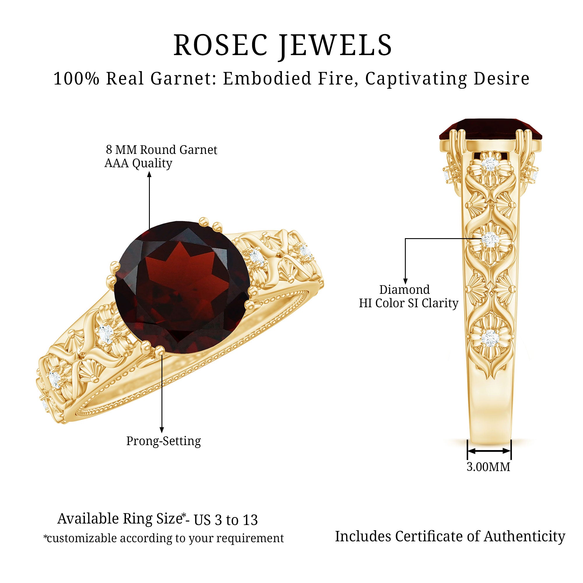 Vintage Looking Garnet Diamond Engagement Ring AAA - Rosec Jewels