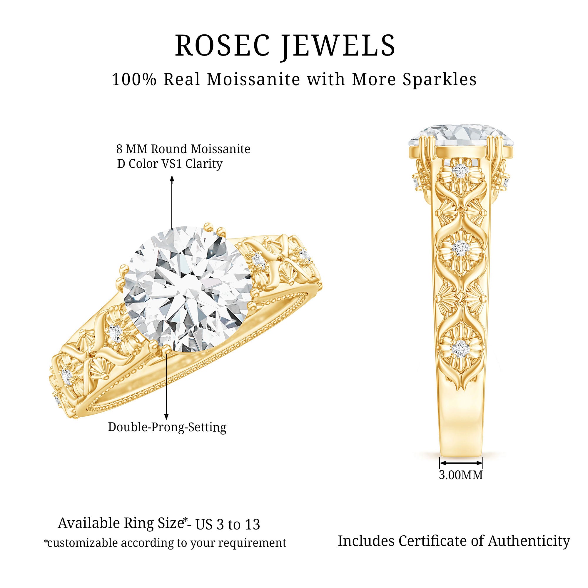 2 Carat Moissanite Double Prong Vintage Engagement Ring D-VS1 - Rosec Jewels