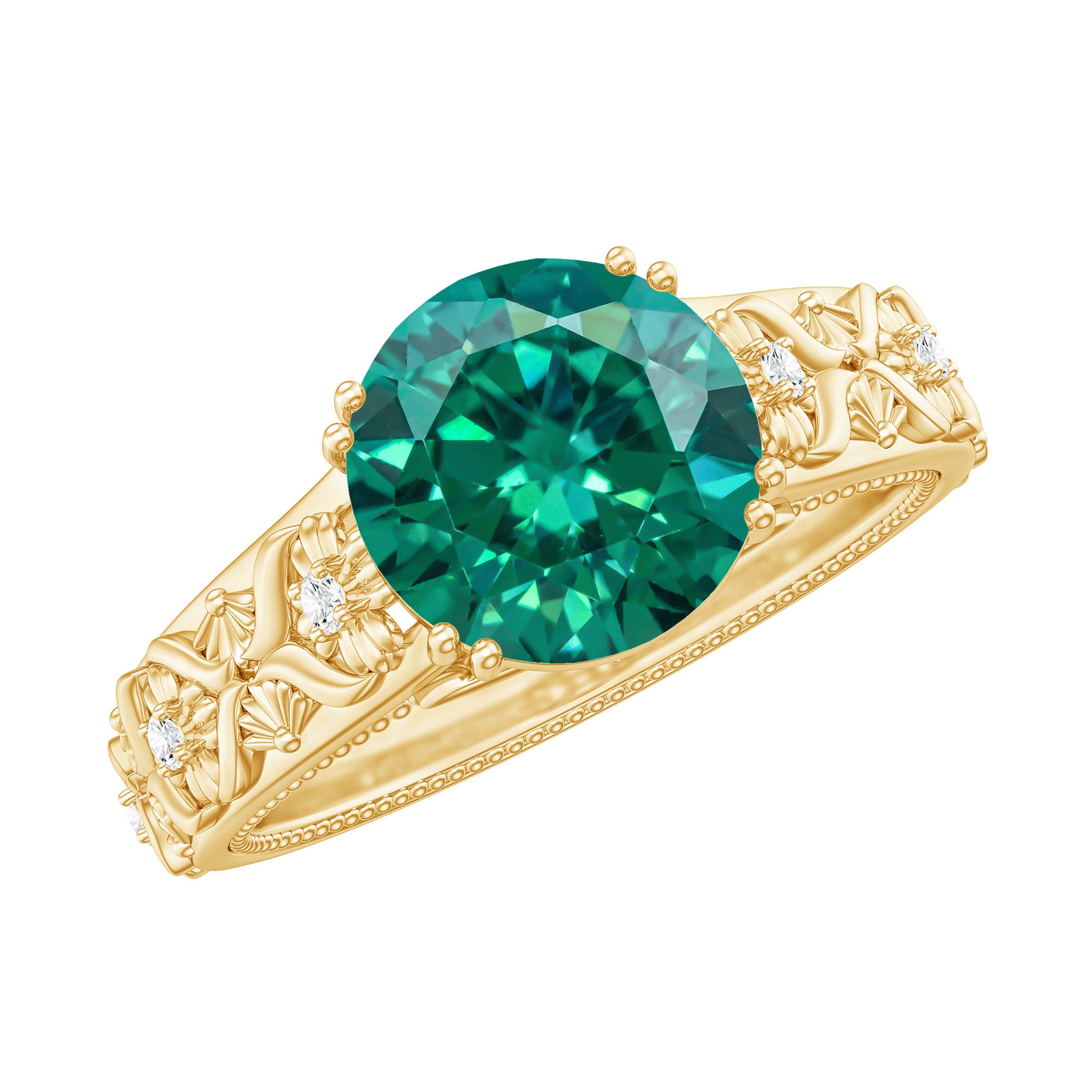 2 Carat Round Lab Created Emerald Antique Looking Engagement Ring with Diamond AAAA - Rosec Jewels