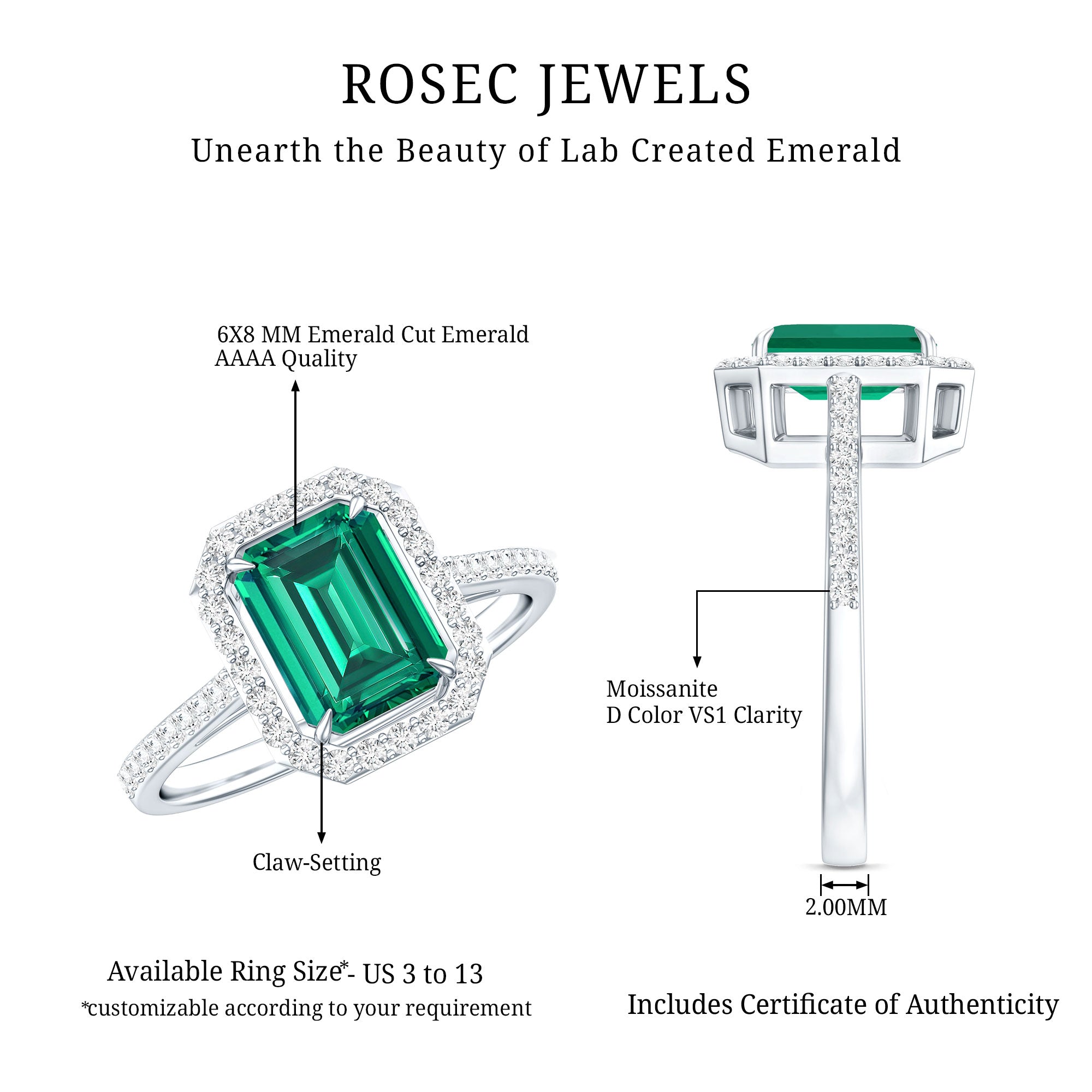 1.6 Carat Emerald Cut Lab Created Emerald Engagement Ring With Moissanite Halo AAAA - Rosec Jewels