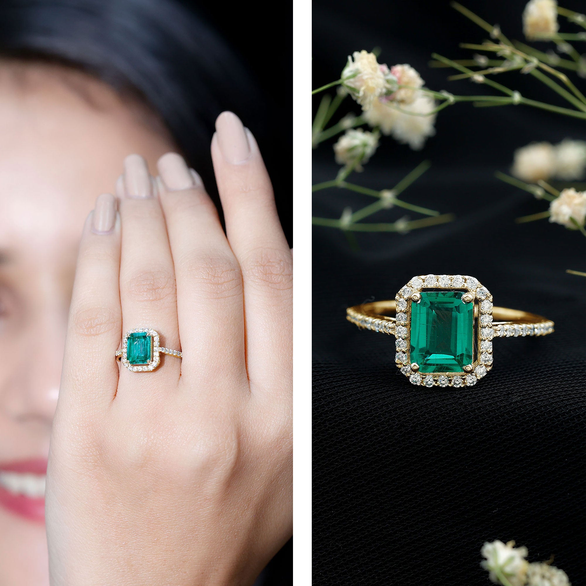 1.6 Carat Emerald Cut Lab Created Emerald Engagement Ring With Moissanite Halo AAAA - Rosec Jewels