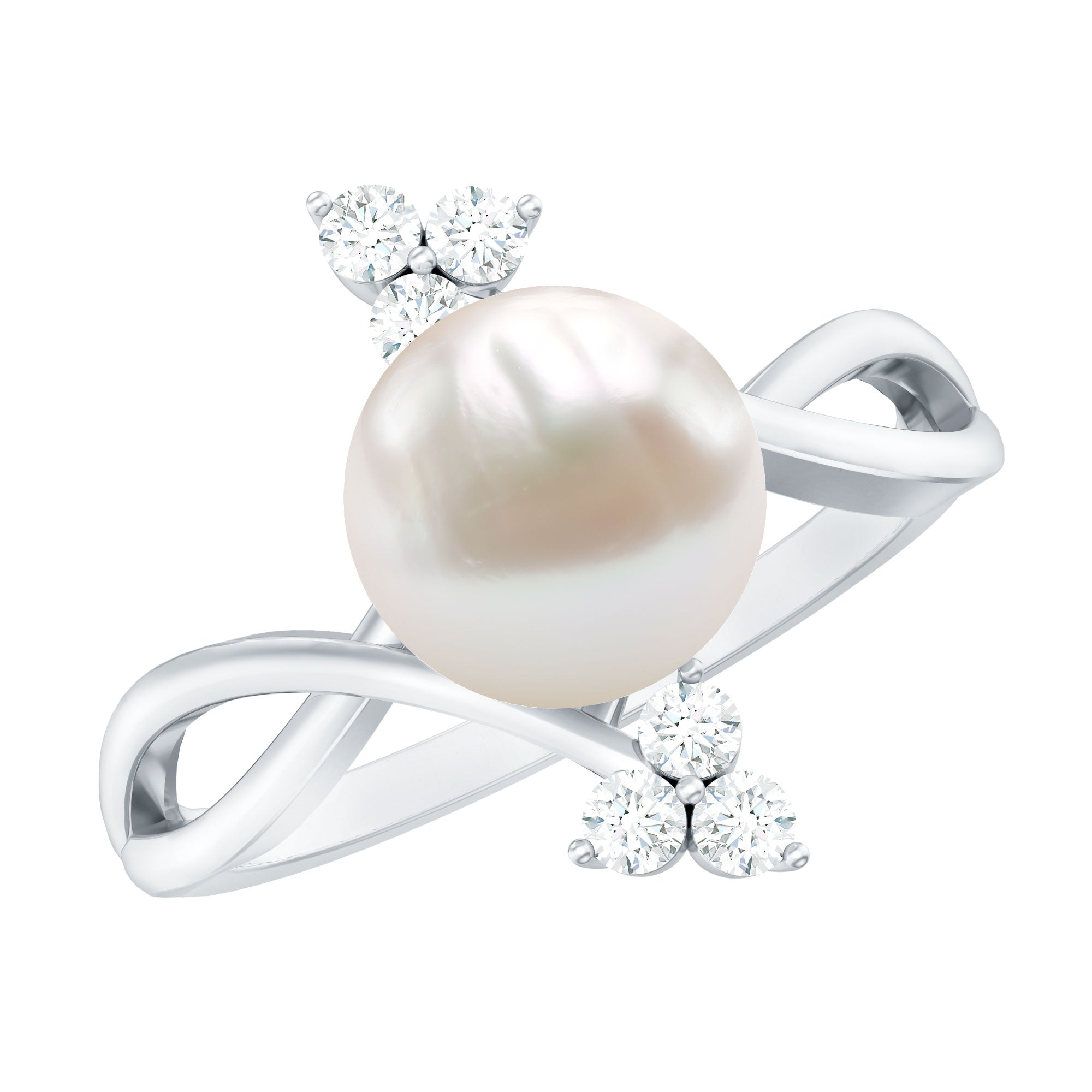 Rosec Jewels-Cultured 7.48 Carat White Pearl Bypass Engagement Ring with Diamond