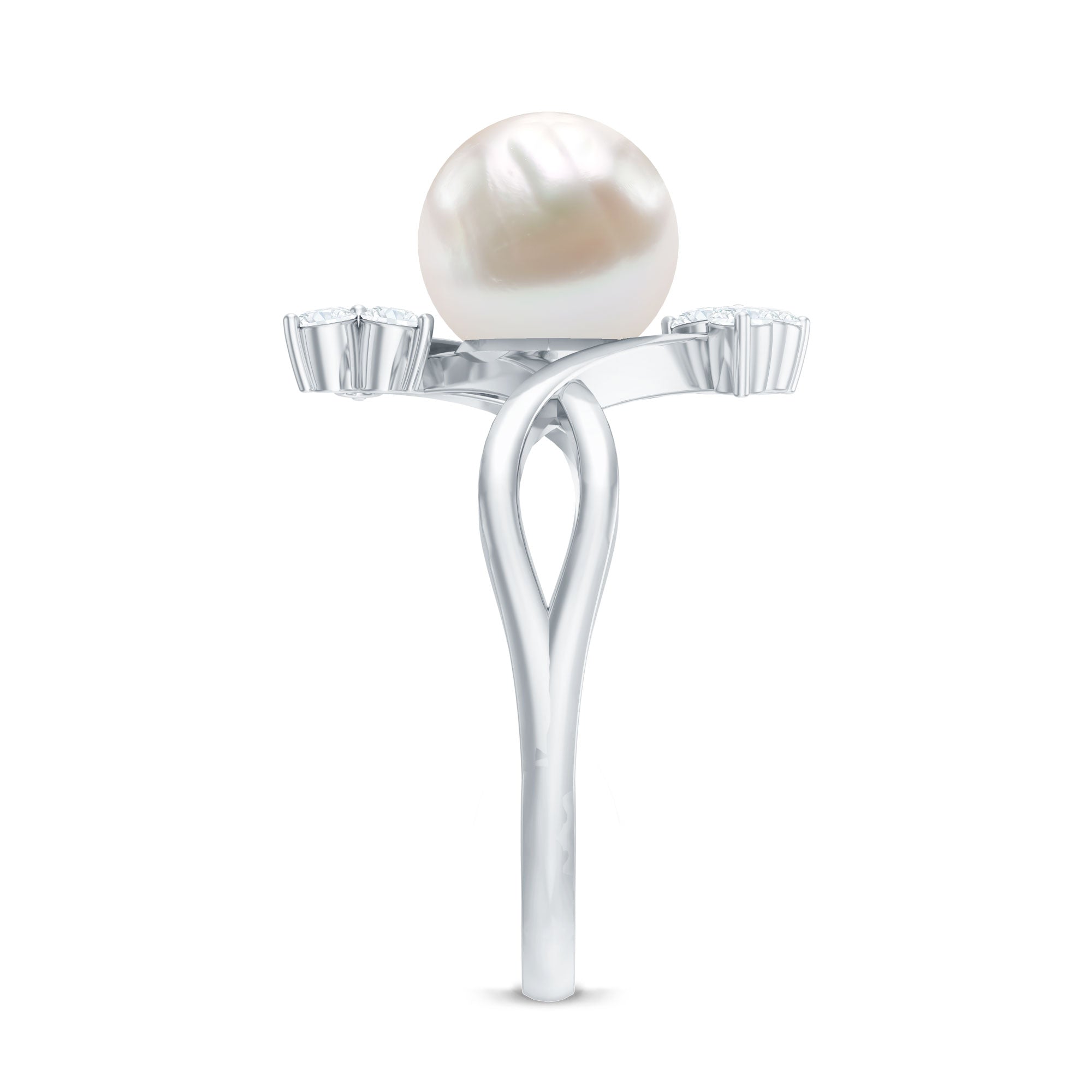 Rosec Jewels-Cultured 7.48 Carat White Pearl Bypass Engagement Ring with Diamond