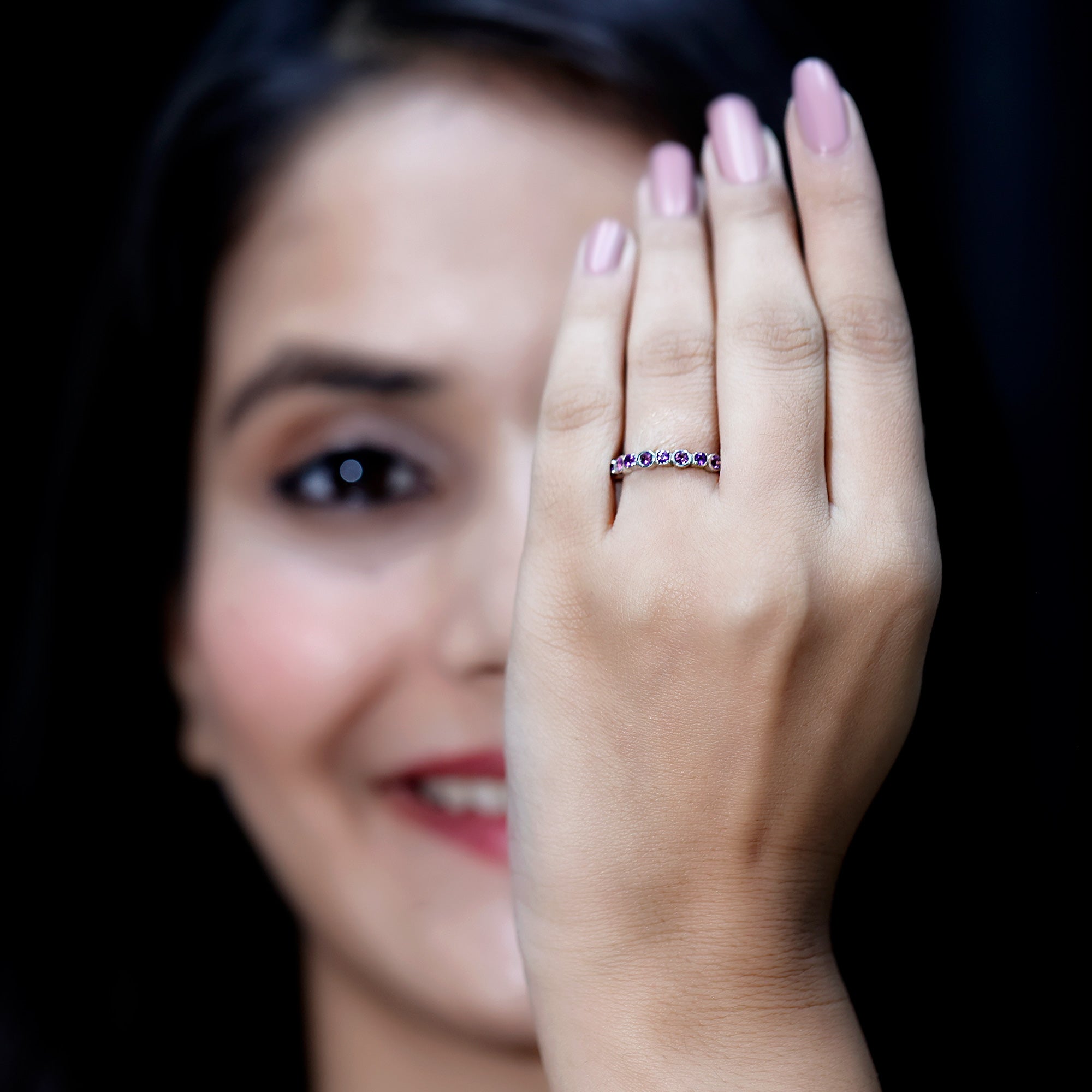 Rosec Jewels-Natural Amethyst Eternity Wedding Band in Gold Plated Silver