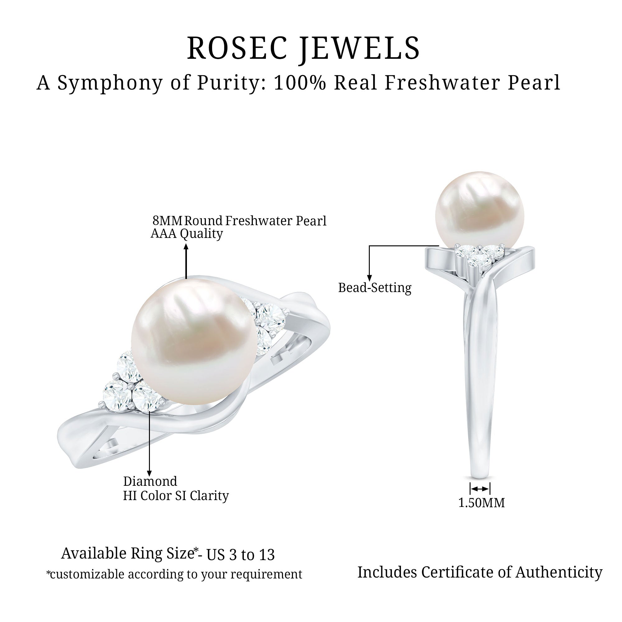 Rosec Jewels-Natural 7.4 Carat Freshwater Pearl Engagement Ring with Diamond Trio