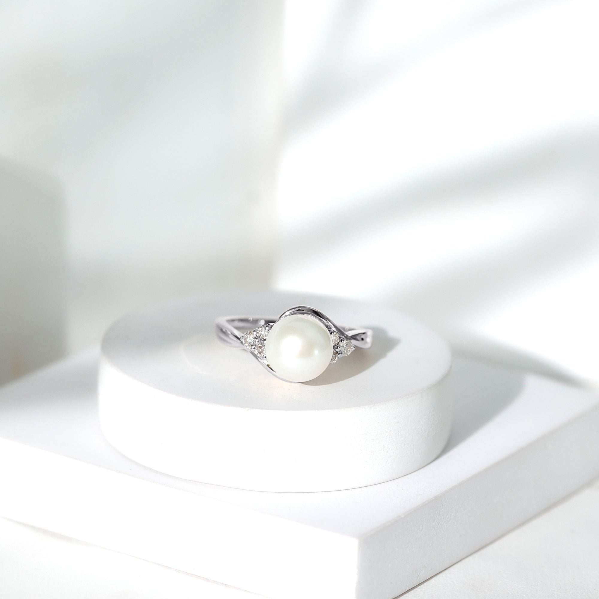 Rosec Jewels-Natural 7.4 Carat Freshwater Pearl Engagement Ring with Diamond Trio