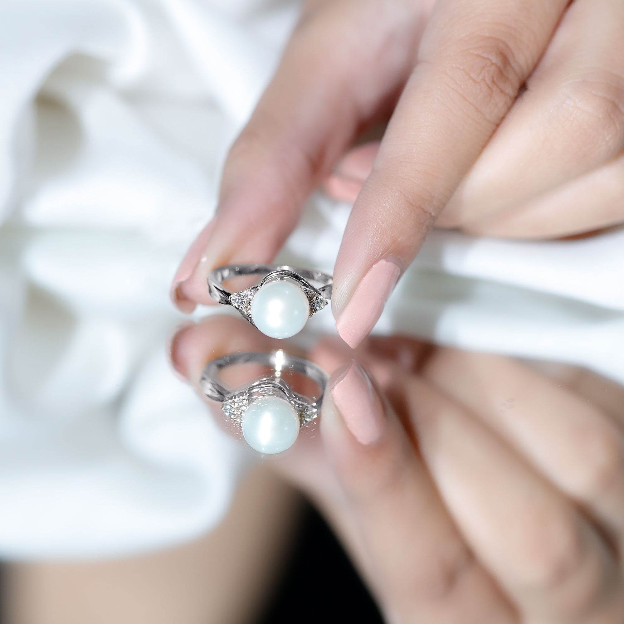 Rosec Jewels-Natural 7.4 Carat Freshwater Pearl Engagement Ring with Diamond Trio