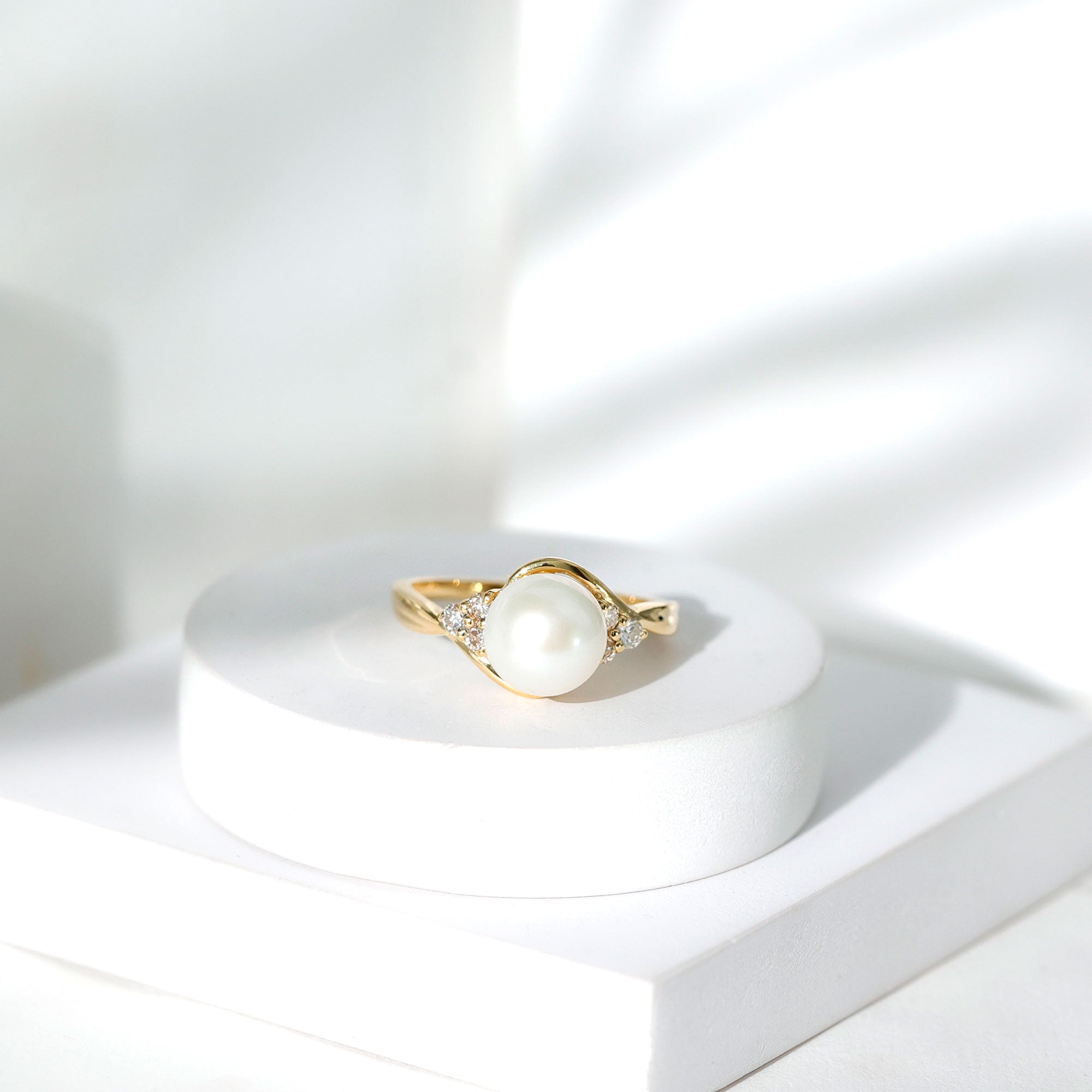 Rosec Jewels-Natural 7.4 Carat Freshwater Pearl Engagement Ring with Diamond Trio