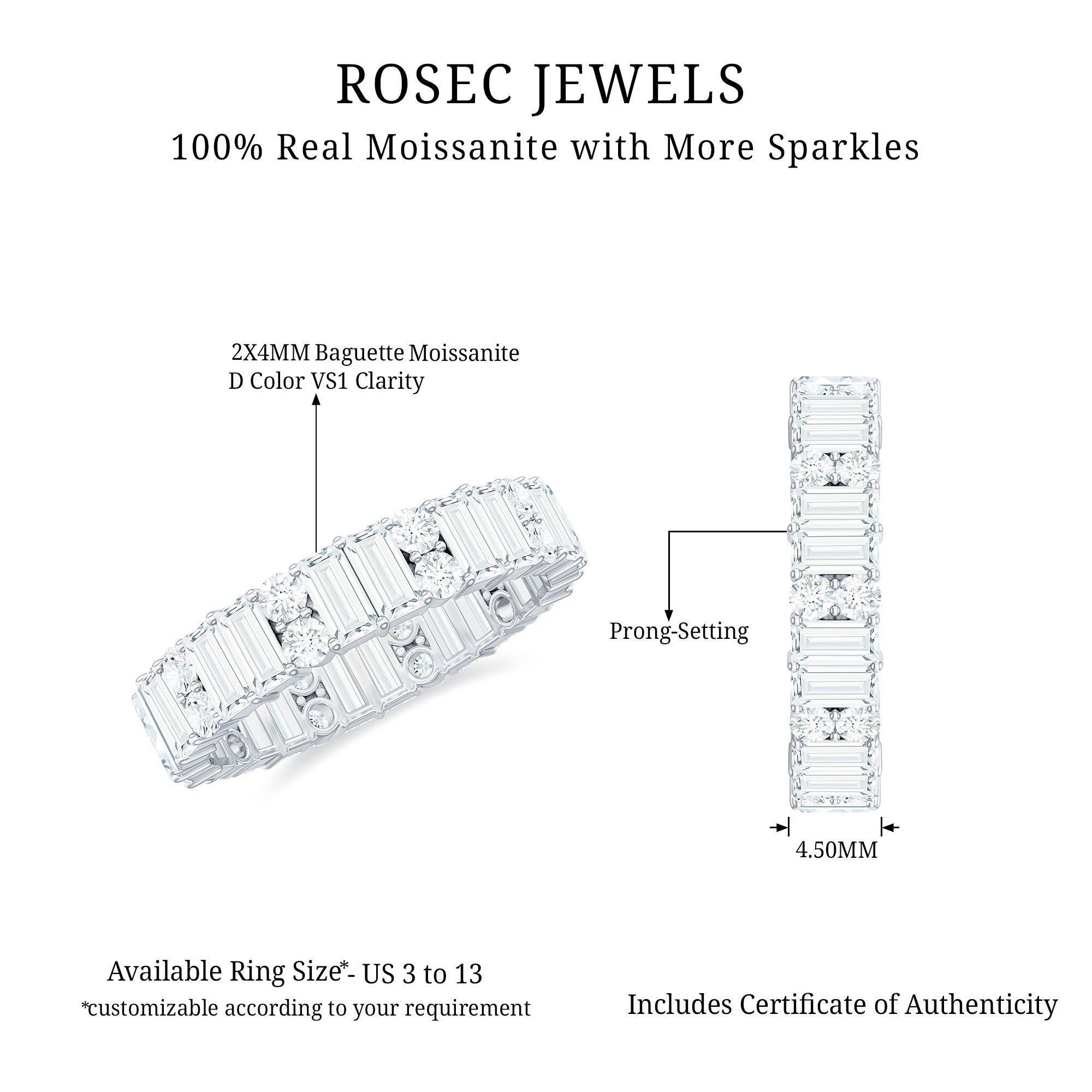 Round and Baguette Cut Moissanite Eternity Wedding Band D-VS1 - Rosec Jewels