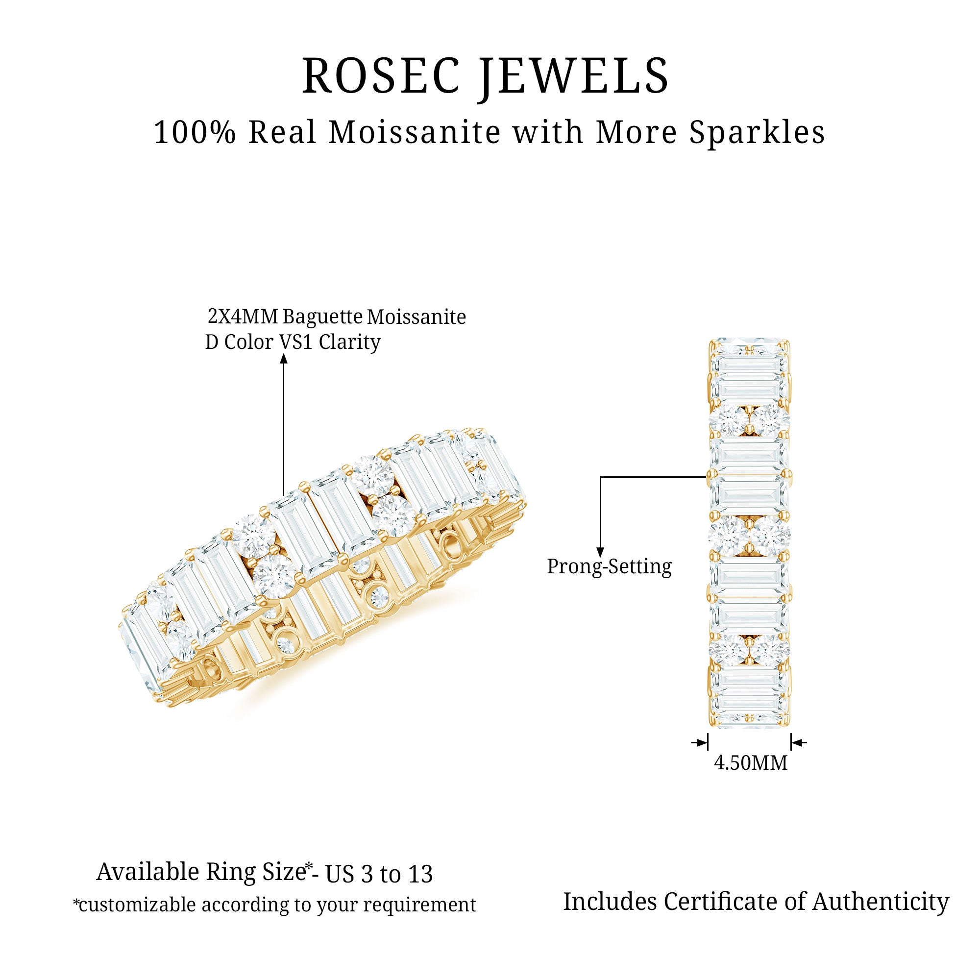 Round and Baguette Cut Moissanite Eternity Wedding Band D-VS1 - Rosec Jewels