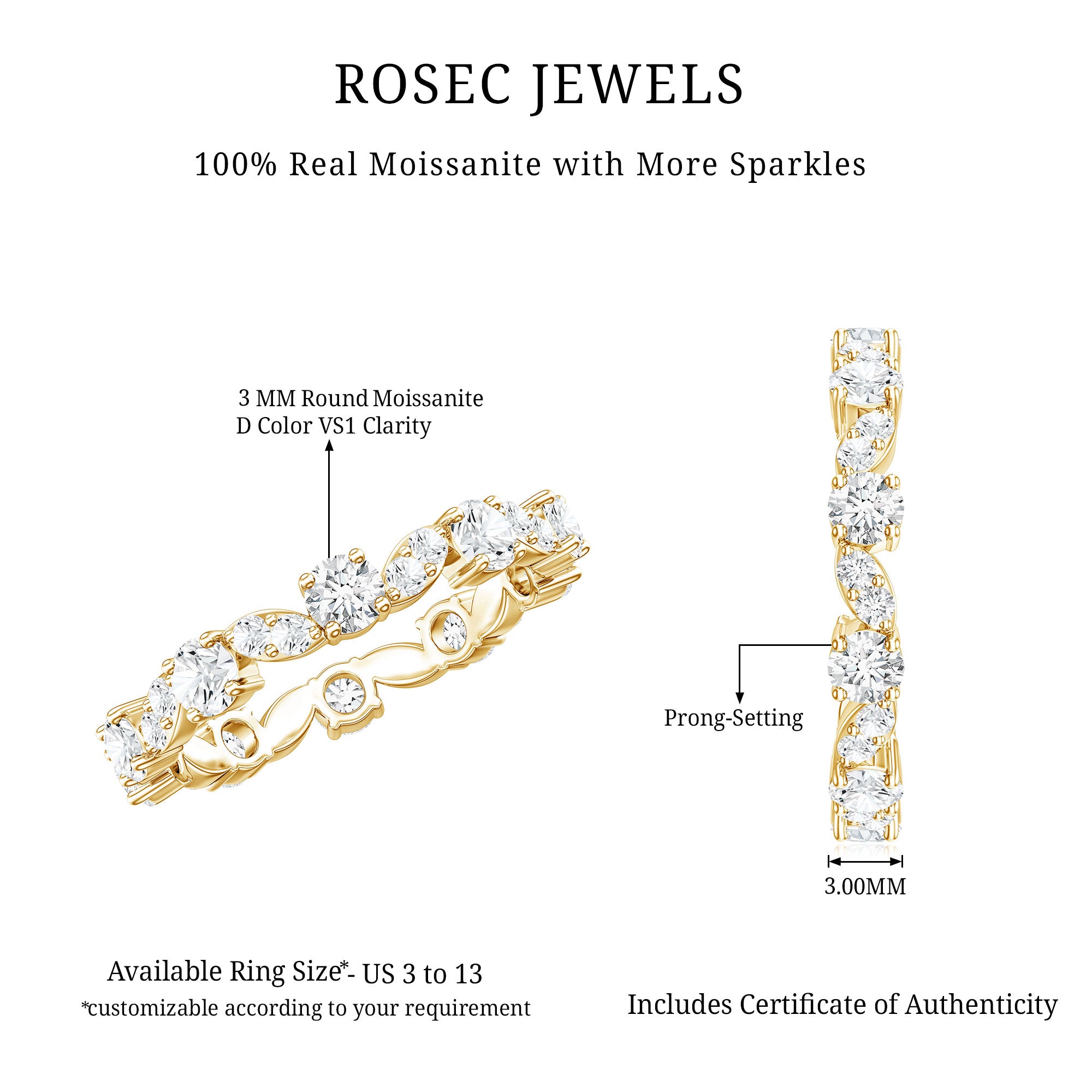 Certified Moissanite Eternity Wedding Band Ring in Prong Setting D-VS1 - Rosec Jewels
