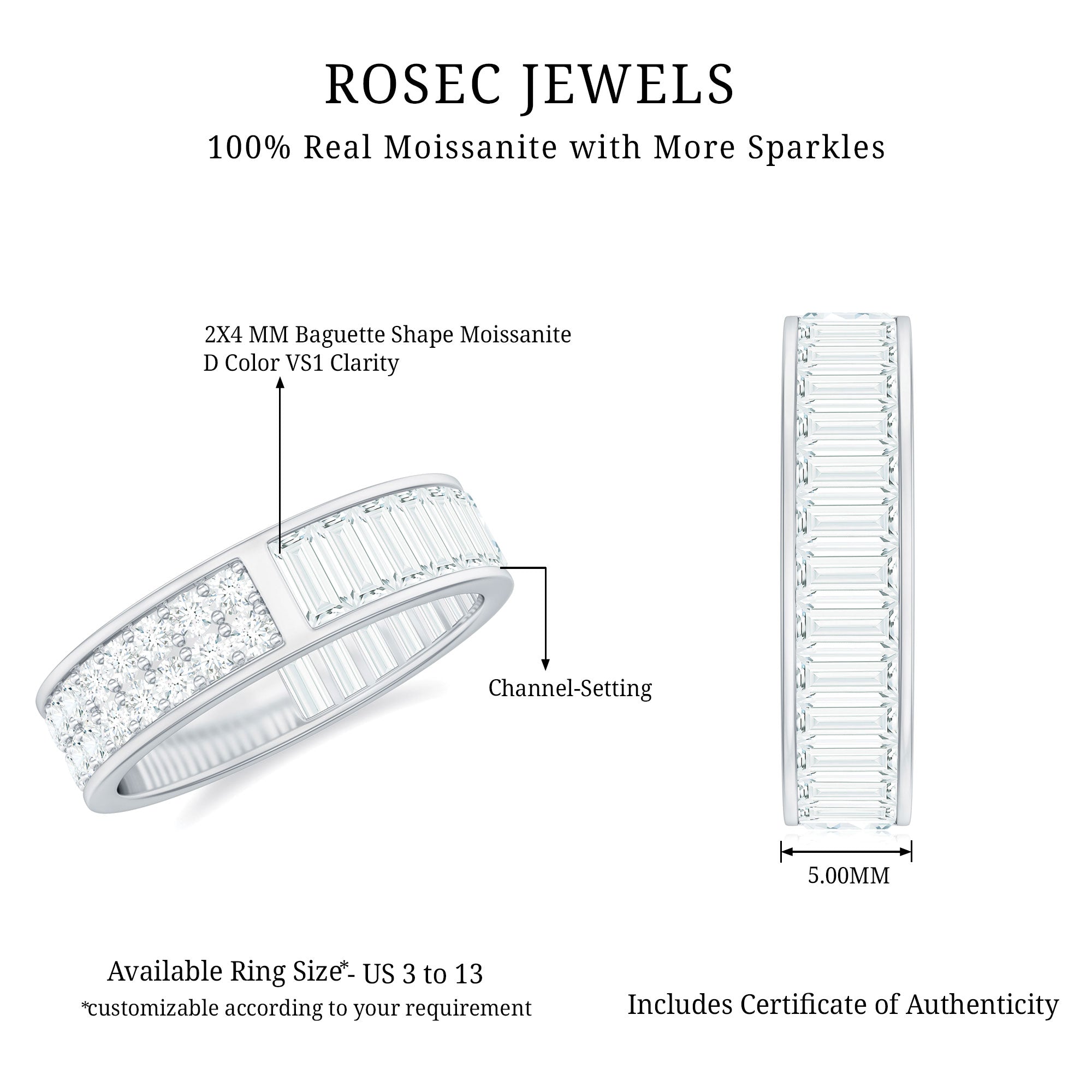Certified Moissanite Wide Eternity Wedding Band D-VS1 - Rosec Jewels