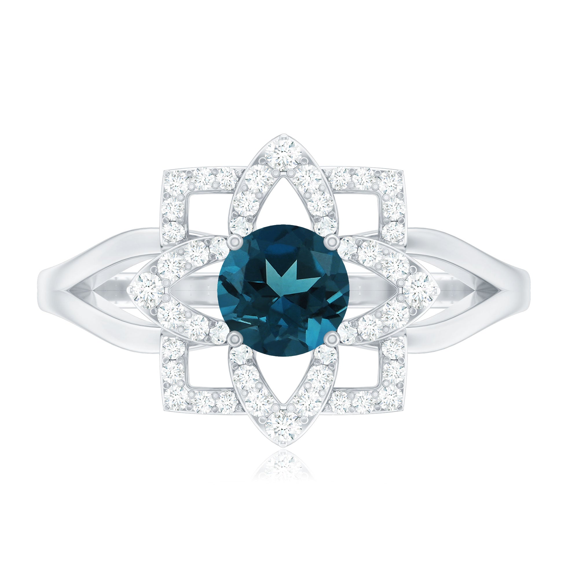 Flower Inspired London Blue Topaz and Diamond Engagement Ring AAA - Rosec Jewels