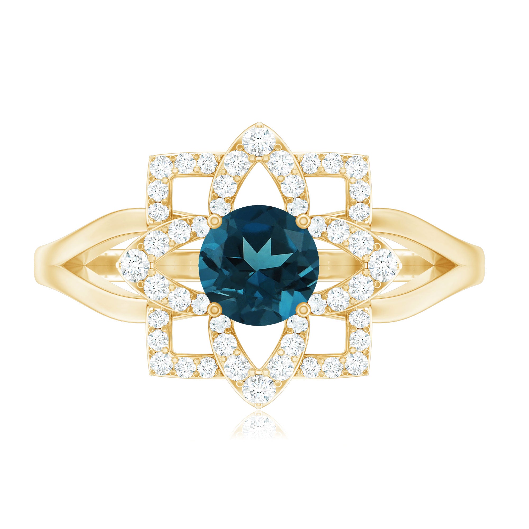 Flower Inspired London Blue Topaz and Diamond Engagement Ring AAA - Rosec Jewels