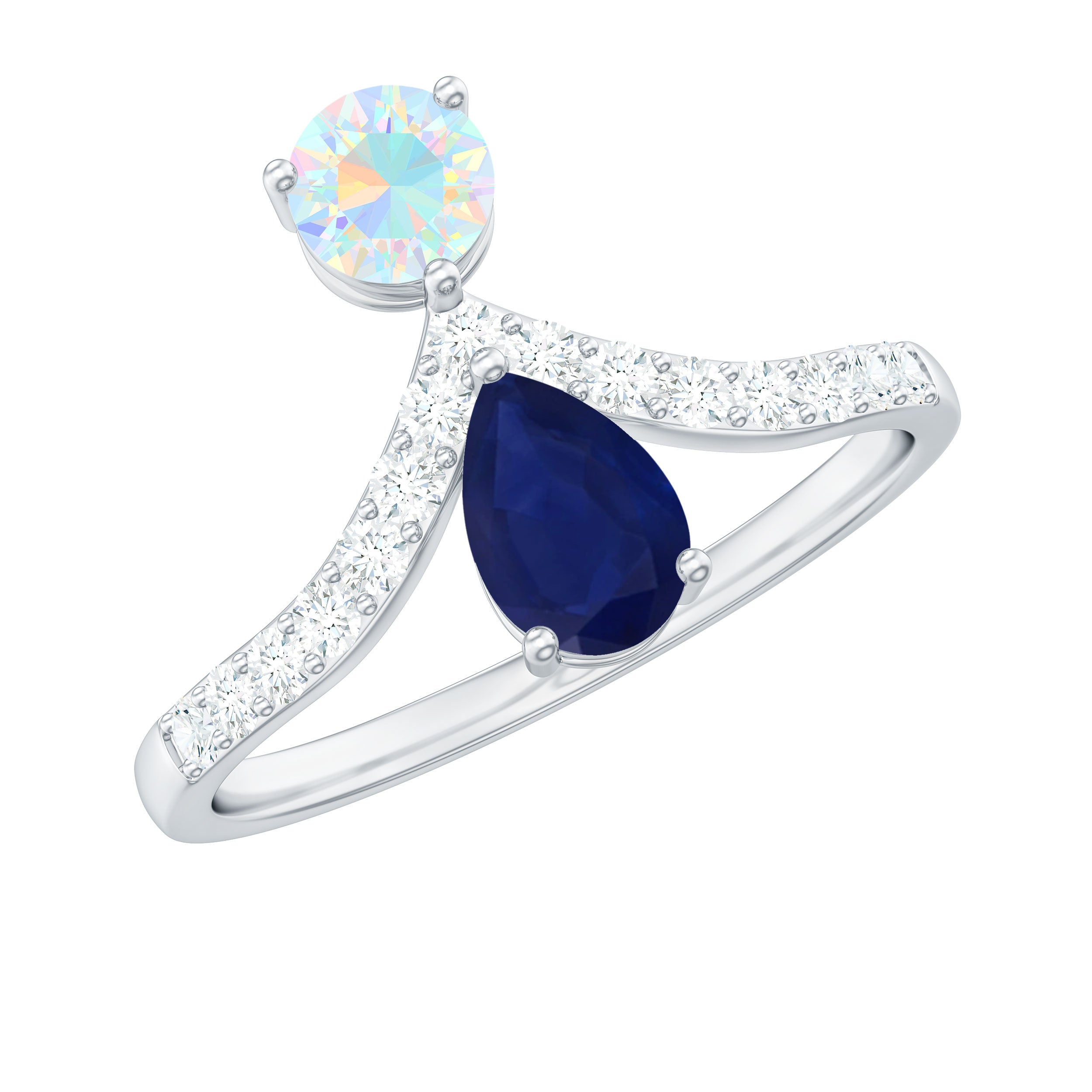 Blue Sapphire and Ethiopian Opal Two Stone Engagement Ring with Moissanite
