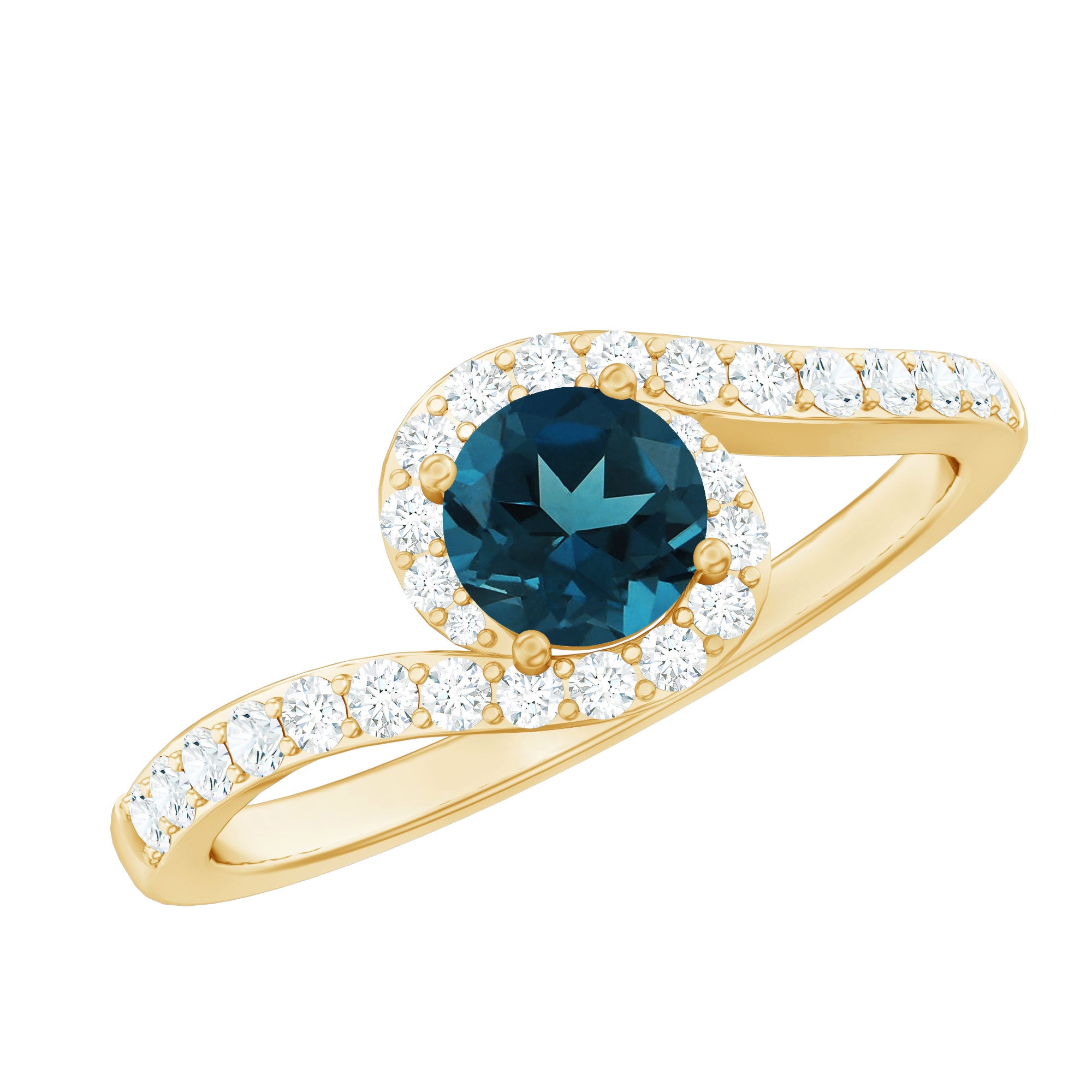 London Blue Topaz Bypass Promise Ring with Diamond Halo AAA - Rosec Jewels