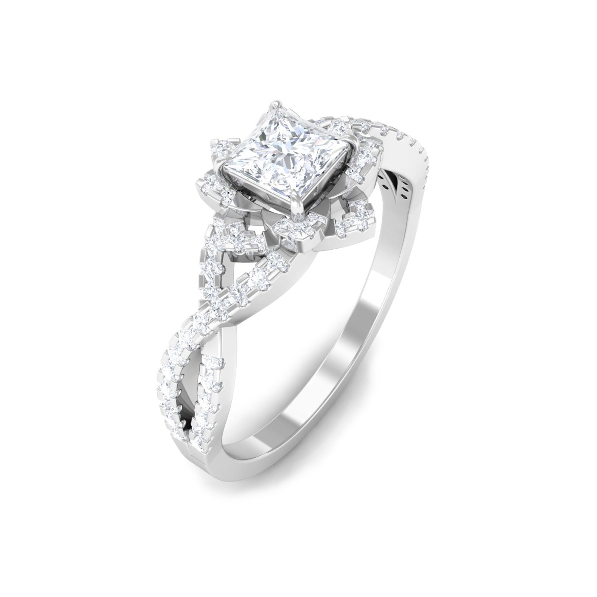 Natural Princess Cut Diamond Flower Engagement Ring with Crossover Shank Natural - ( HI-SI ) - Rosec Jewels