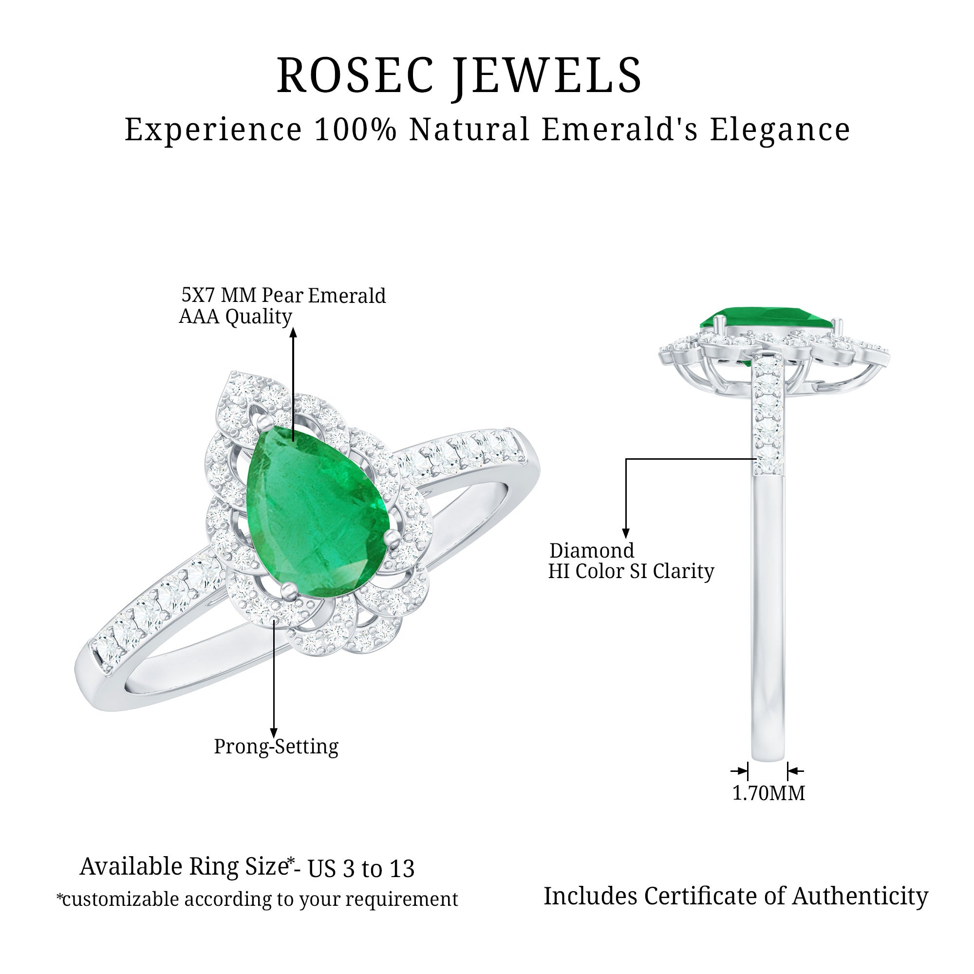 Rosec Jewels-Pear Shaped Emerald Nature Engagement Ring with Diamond