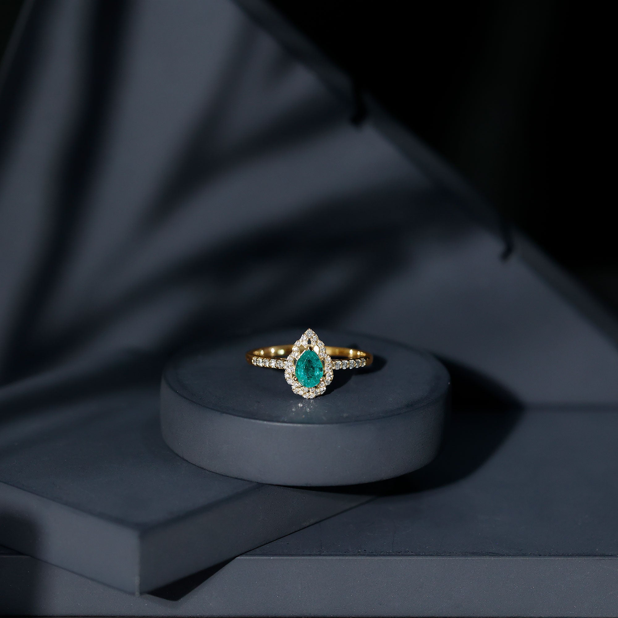 Rosec Jewels-Pear Shaped Emerald Nature Engagement Ring with Diamond