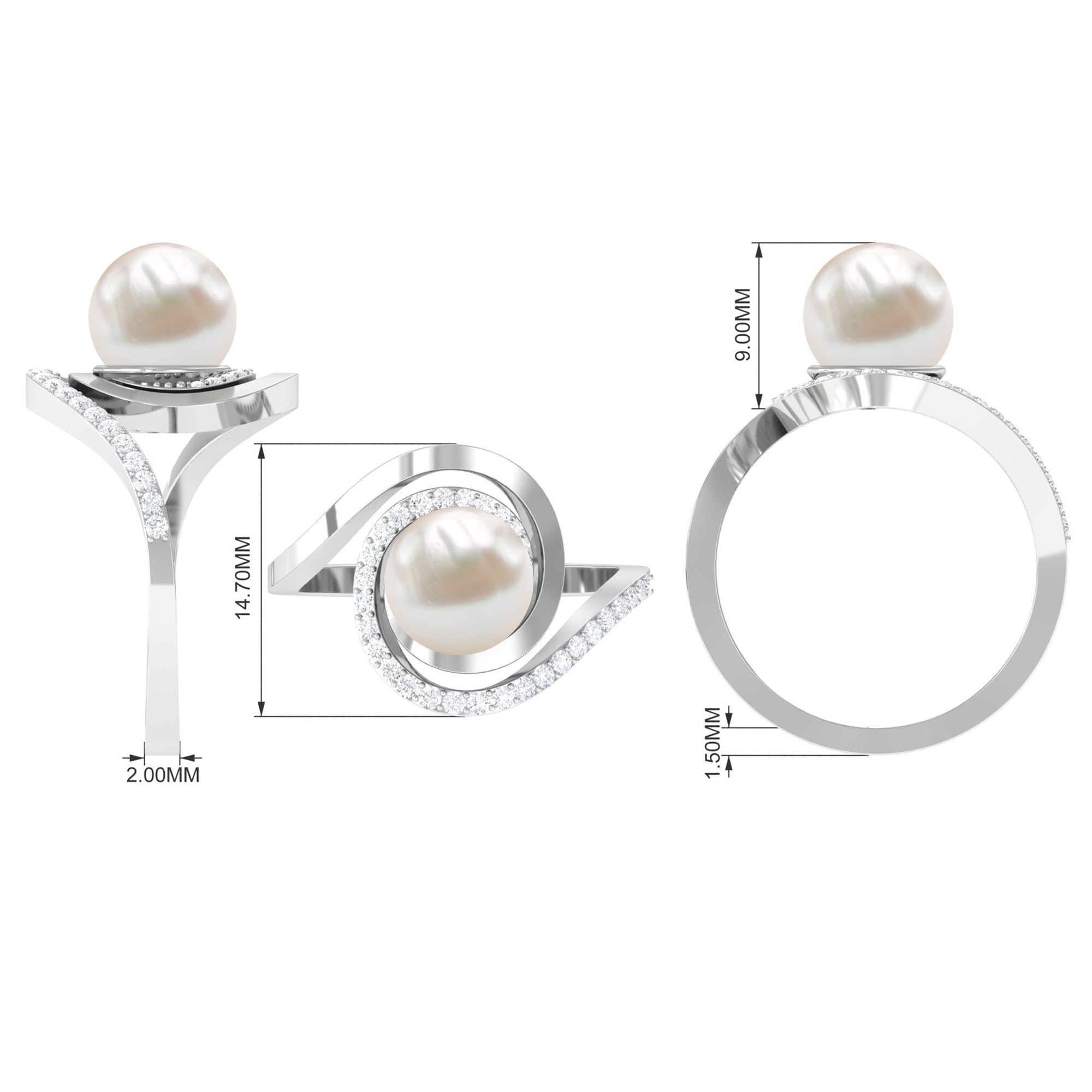 Rosec Jewels-Natural 7.4 carat Freshwater Pearl Engagement Ring with Diamond Bypass Shank