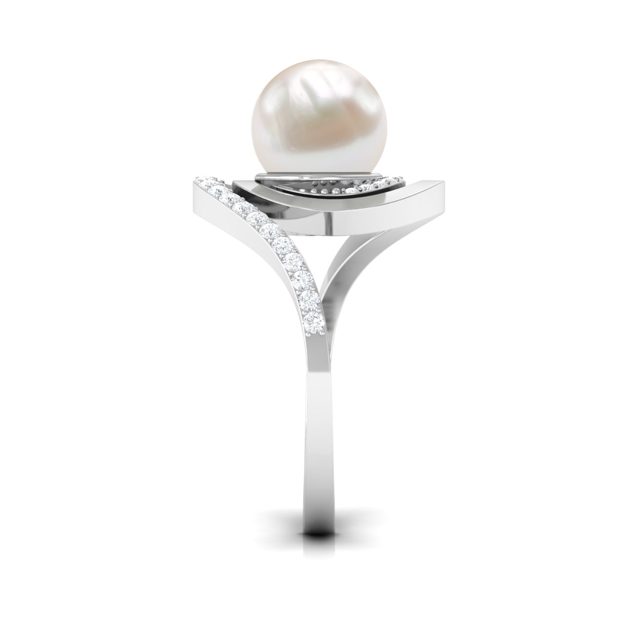 Rosec Jewels-Natural 7.4 carat Freshwater Pearl Engagement Ring with Diamond Bypass Shank