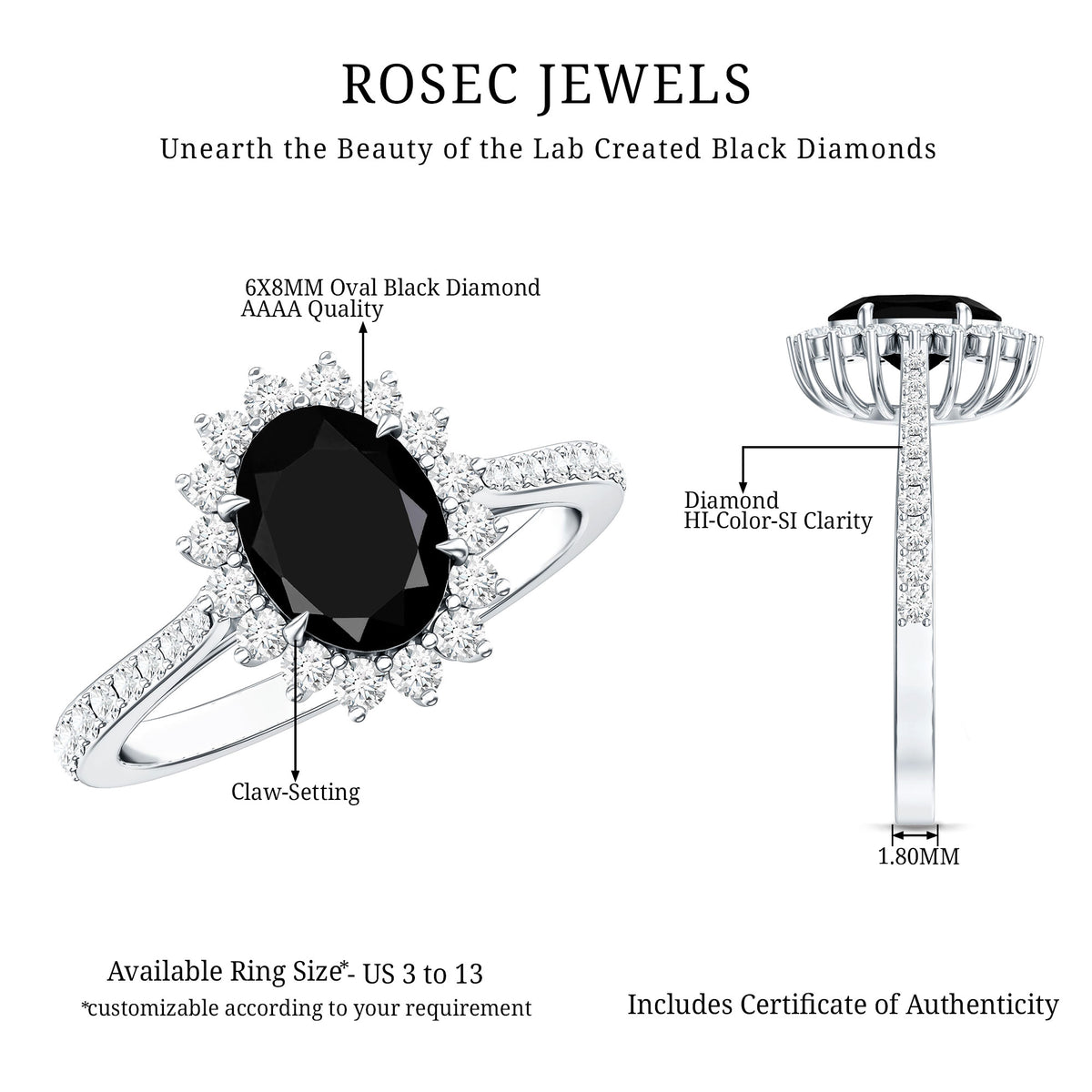 Certified 1.9 Carat Lab Grown Black Diamond Oval Engagement Ring with White Diamond AAAA ( Synthetic ) - Rosec Jewels