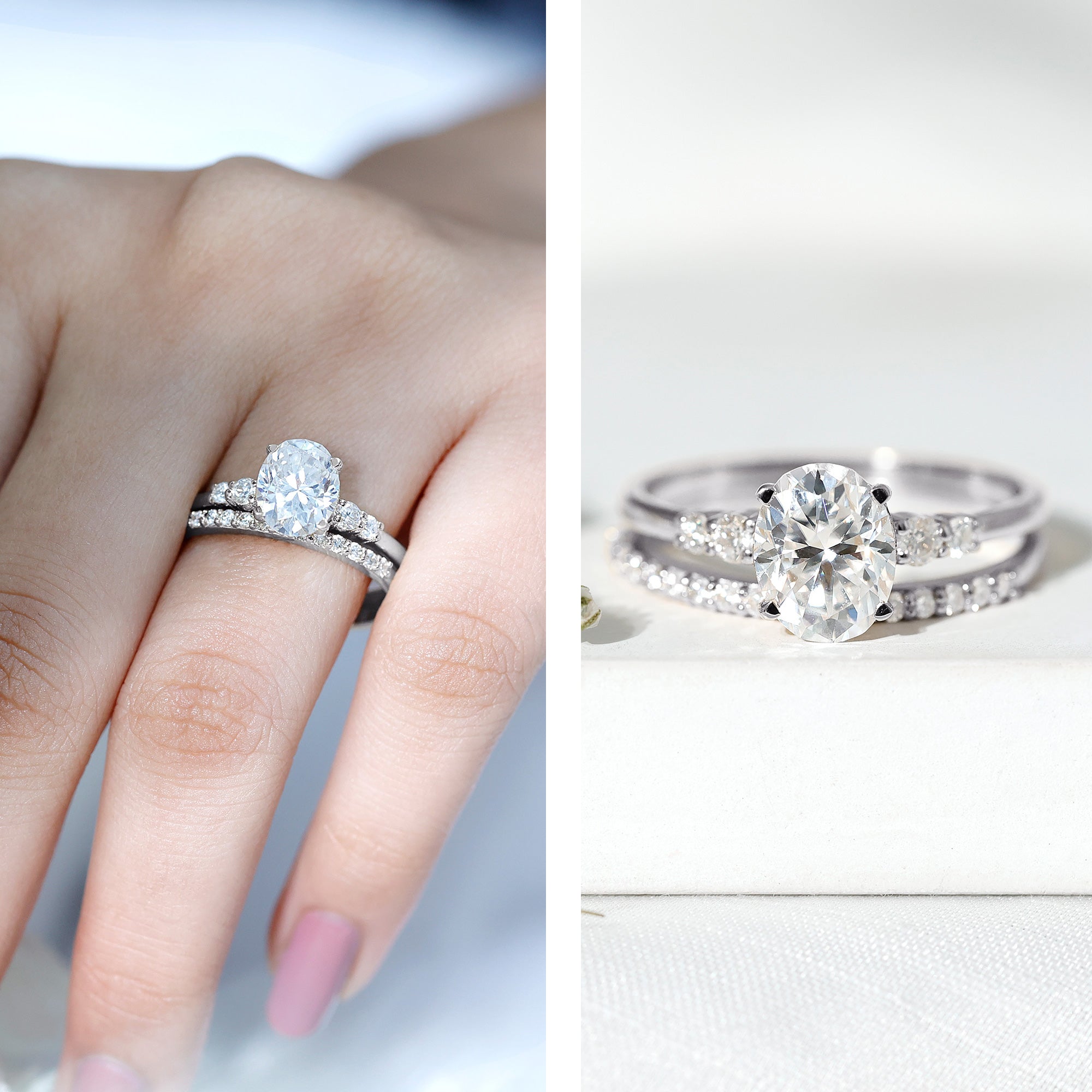 Certified Oval Cut Moissanite Engagement Ring with Wedding Band Set D-VS1 - Rosec Jewels