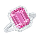 Rosec Jewels-Certified 8X10mm Lab Grown Pink Sapphire Emerald Cut Engagement Ring with Halo