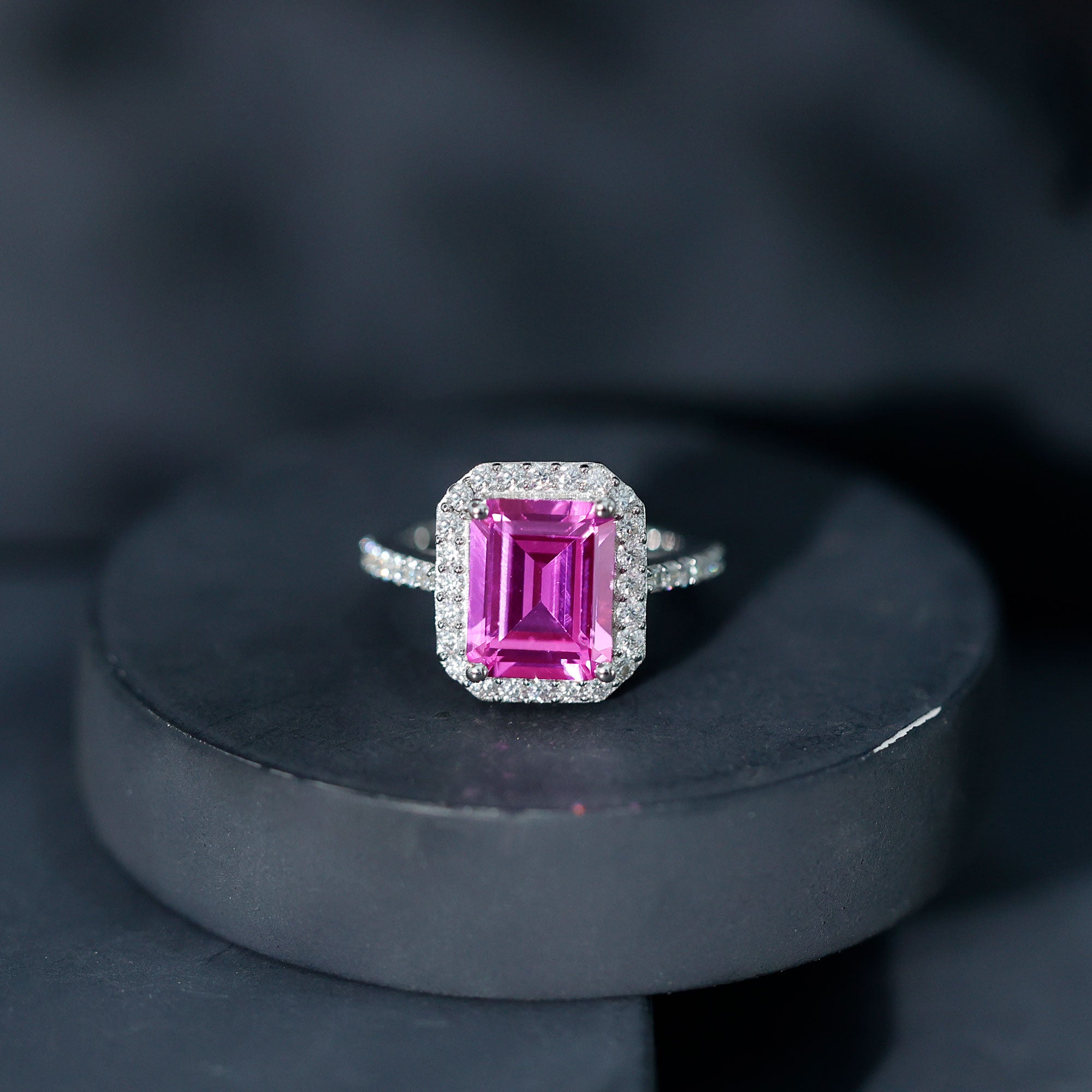 Rosec Jewels-Certified 8X10mm Lab Grown Pink Sapphire Emerald Cut Engagement Ring with Halo
