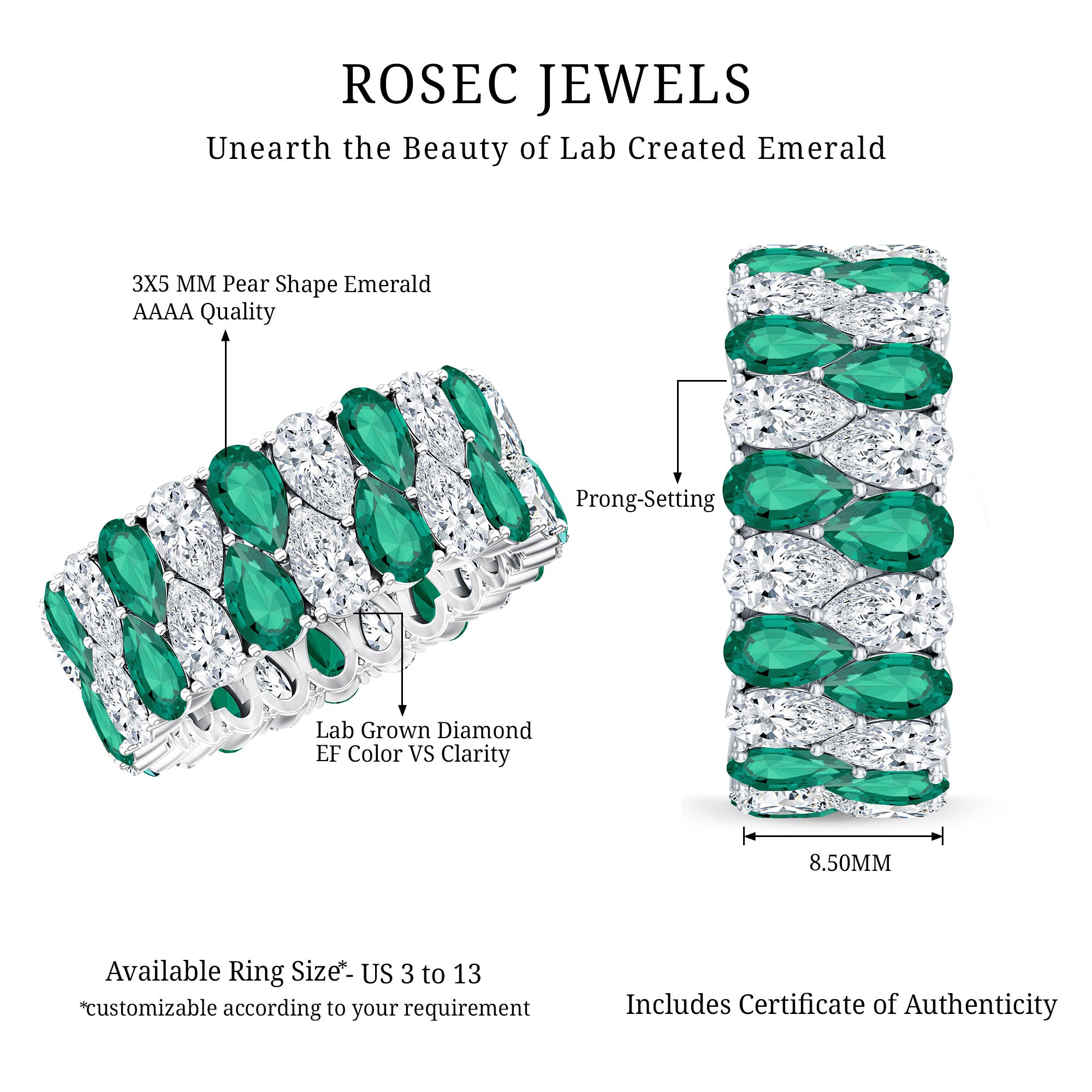 Rosec Jewels-Vintage Style Lab Grown Emerald and Diamond Wide Eternity Band
