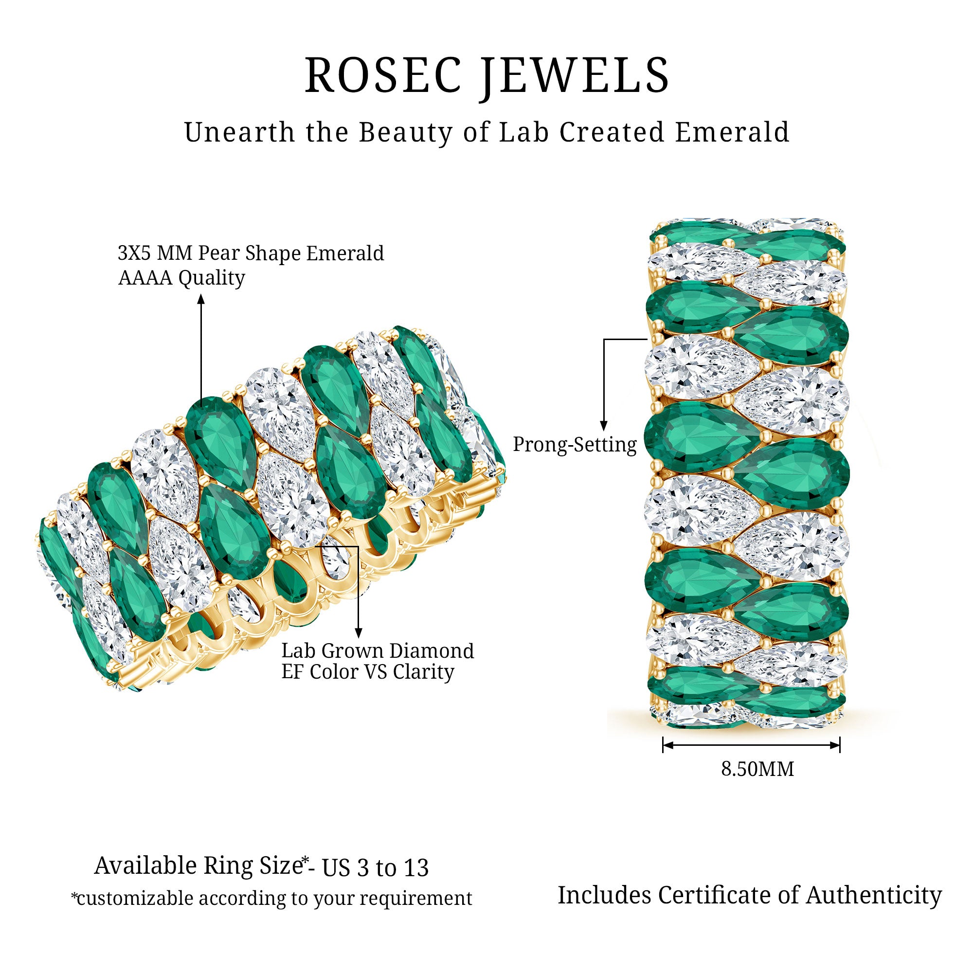 Rosec Jewels-Vintage Style Lab Grown Emerald and Diamond Wide Eternity Band