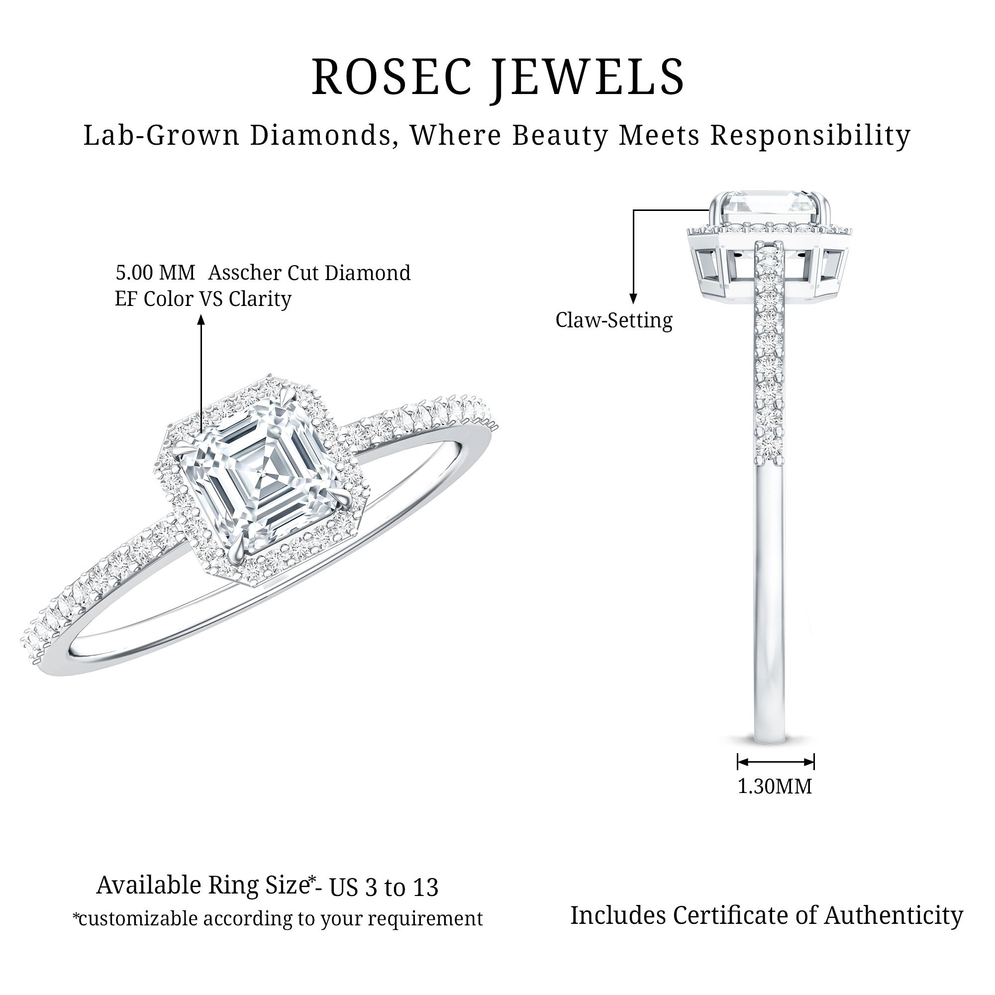 Vintage Looking Lab Grown Diamond Asscher Cut Engagement Ring Lab - ( EF-VS ) - Rosec Jewels