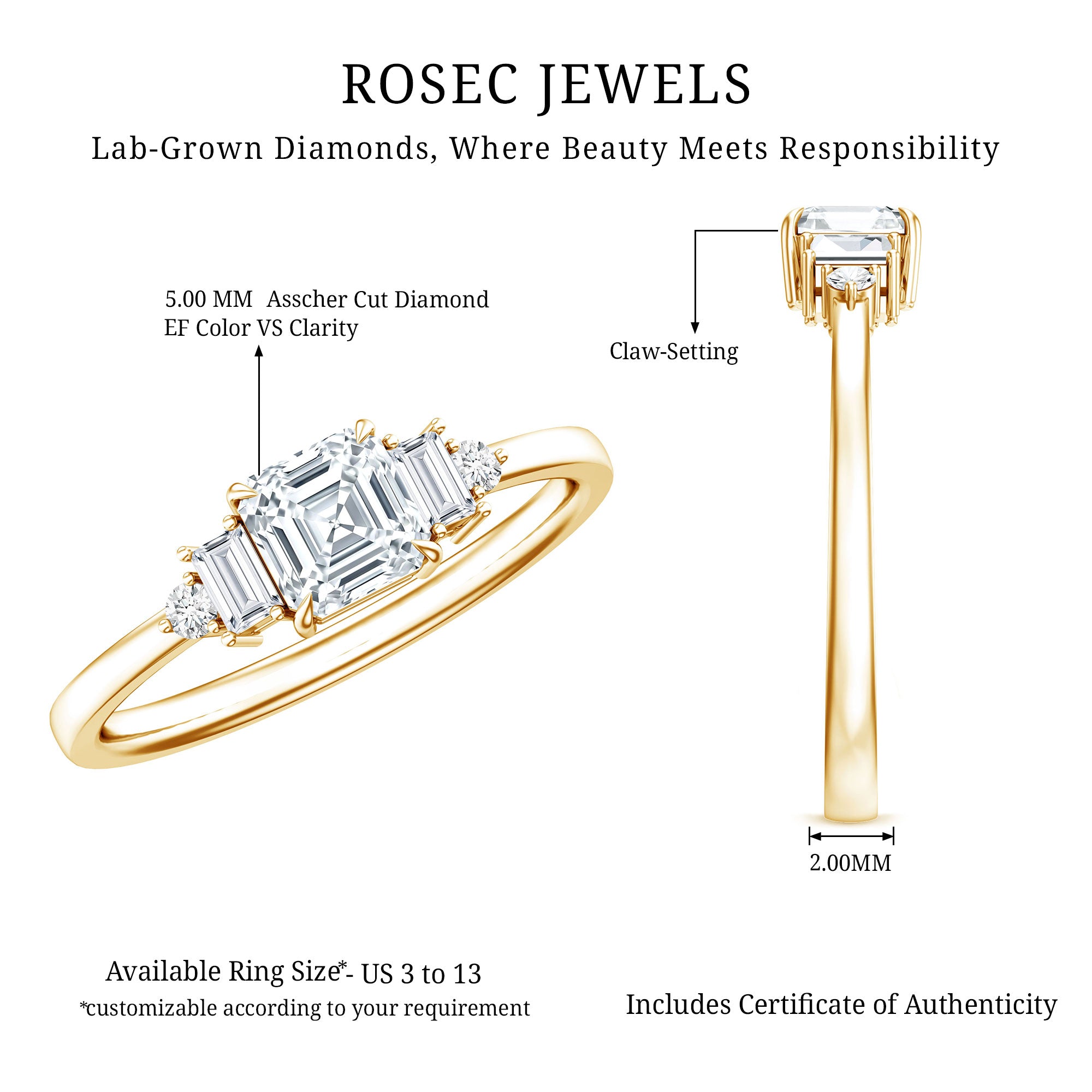 Certified 0.7 Carat Lab Grown Diamond Asscher Cut Engagement Ring Lab - ( EF-VS ) - Rosec Jewels
