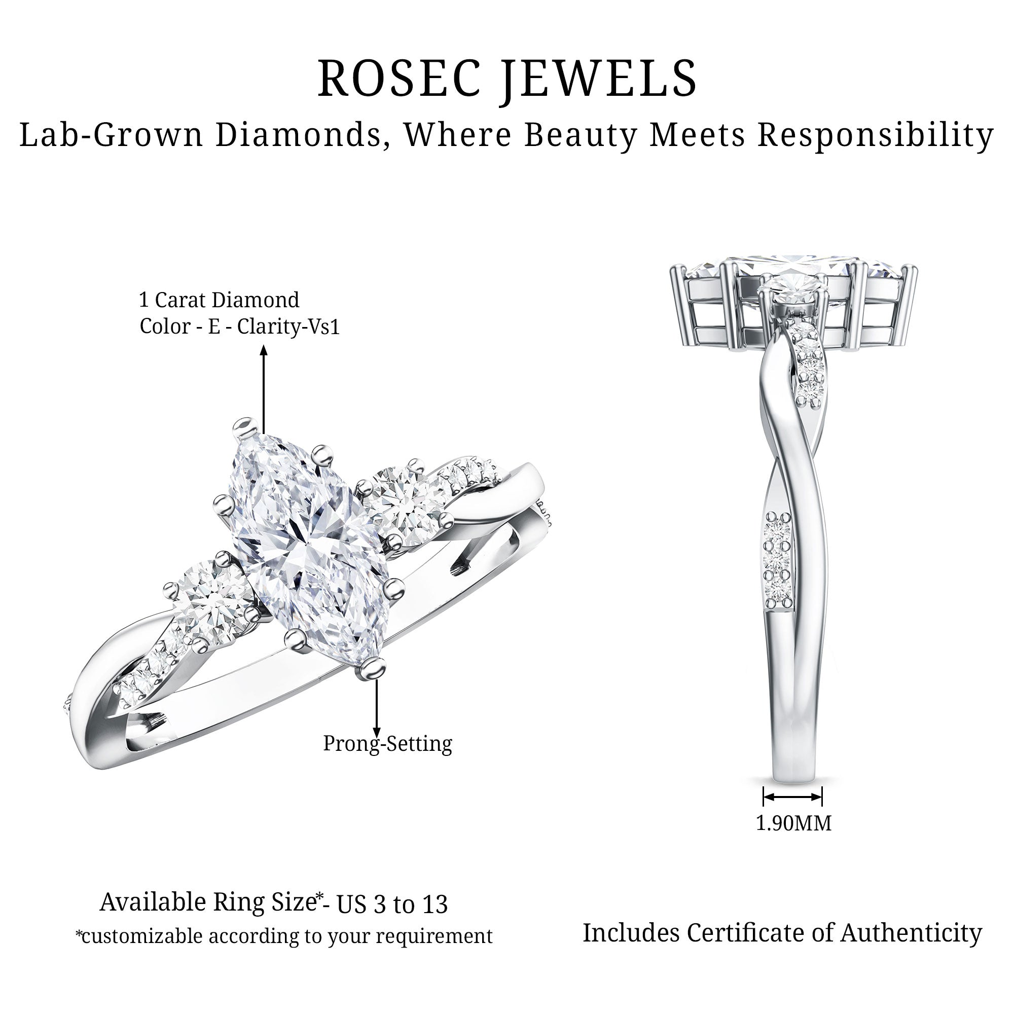 Rosec Jewels-1 Carat Marquise Cut Lab Grown Diamond Designer Engagement Ring IGI Certified