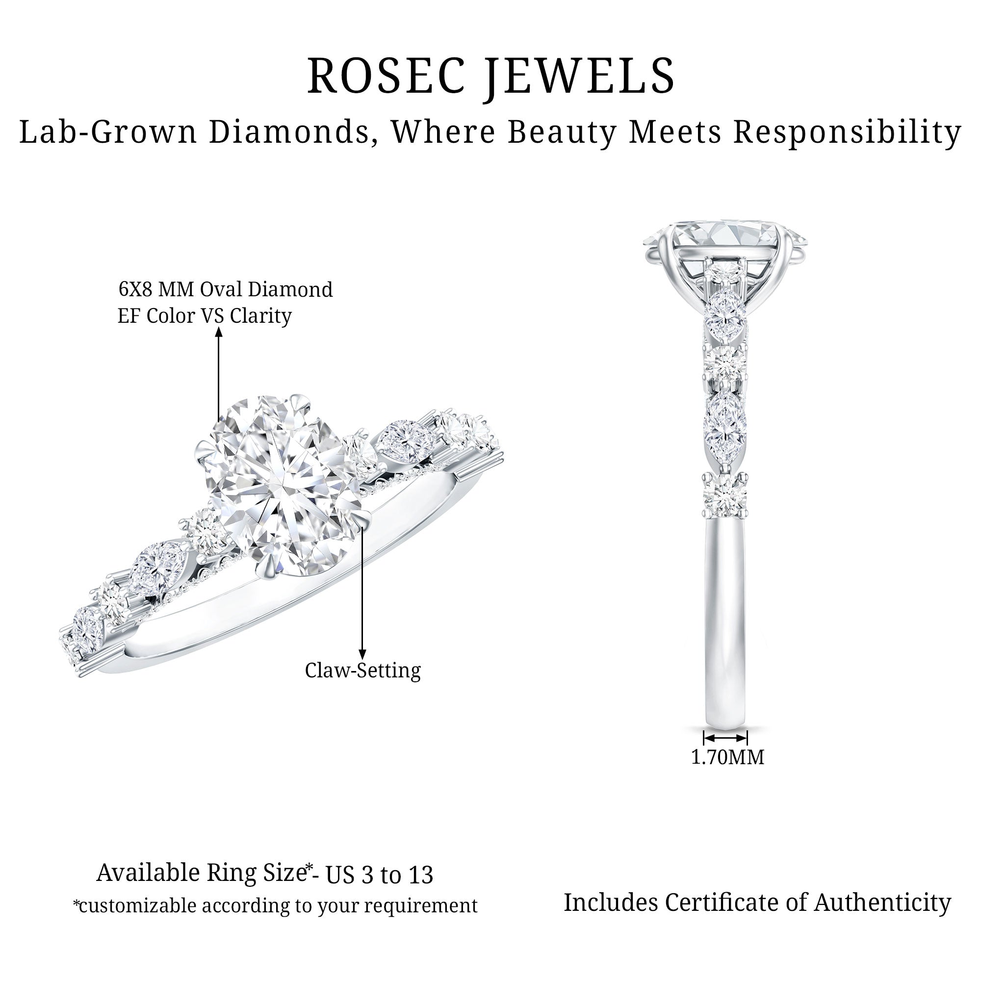 1.2 Carat IGI Certified Oval Cut Lab Grown Diamond Solitaire Engagement Ring Lab - ( E-VS1 ) - Rosec Jewels