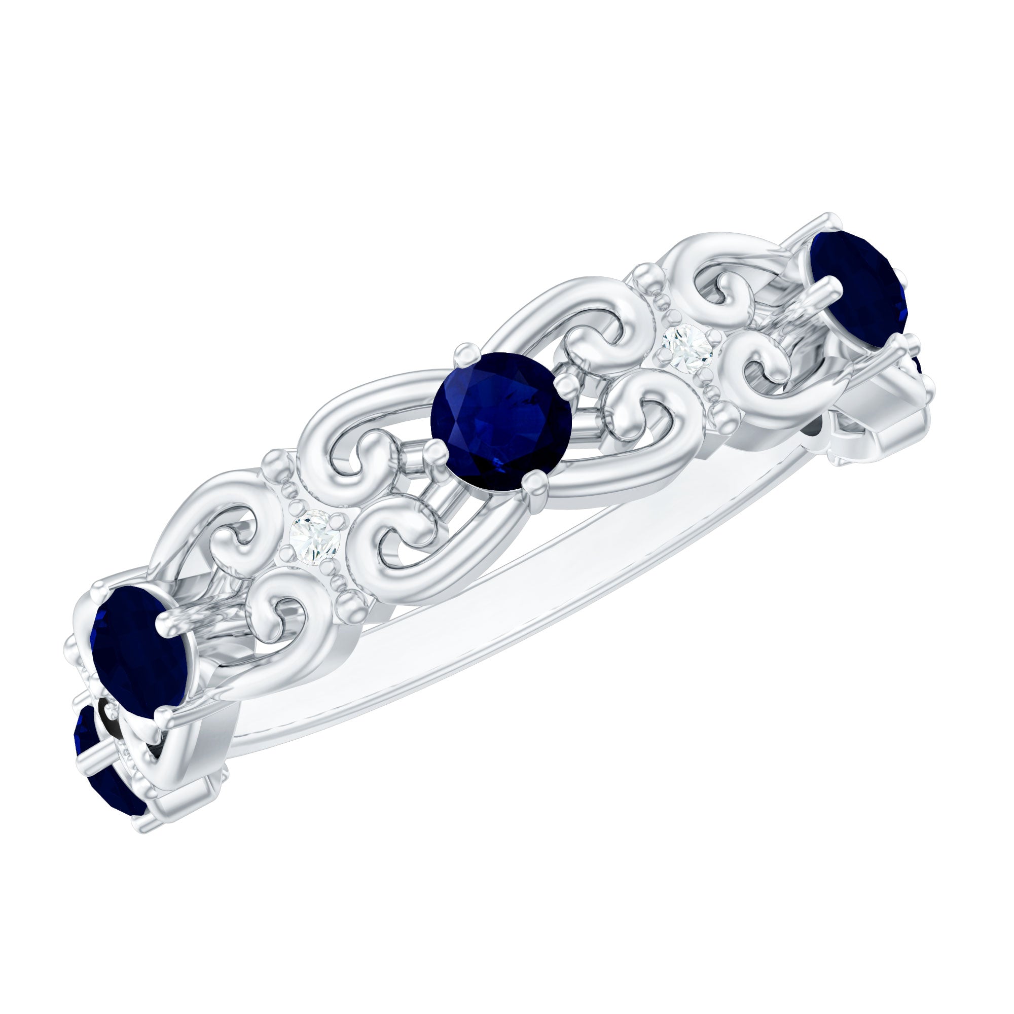 Blue Sapphire and Diamond Vintage Half Eternity Wedding Band AAA - Rosec Jewels